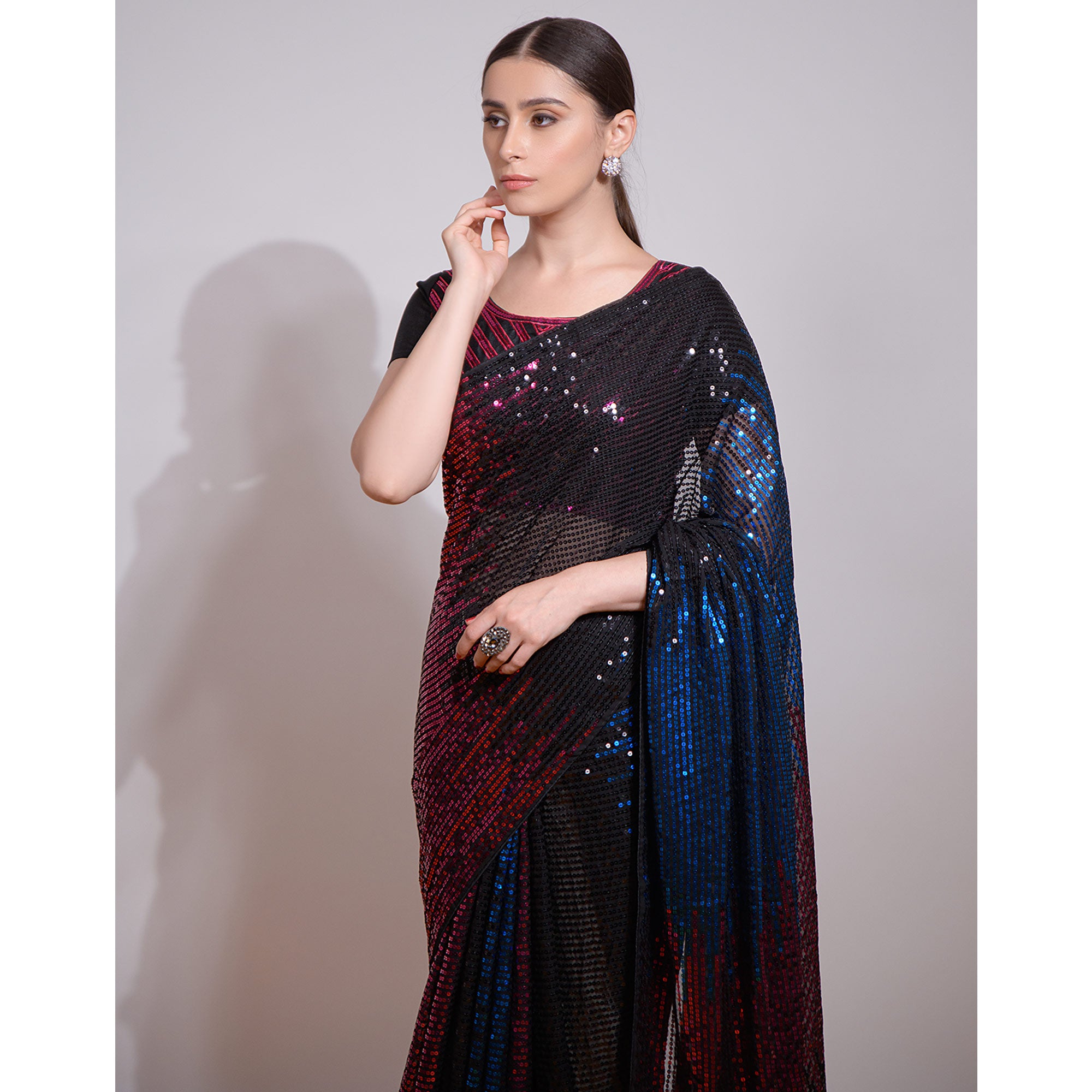 Black & Blue Sequins Embroidered Georgette Saree