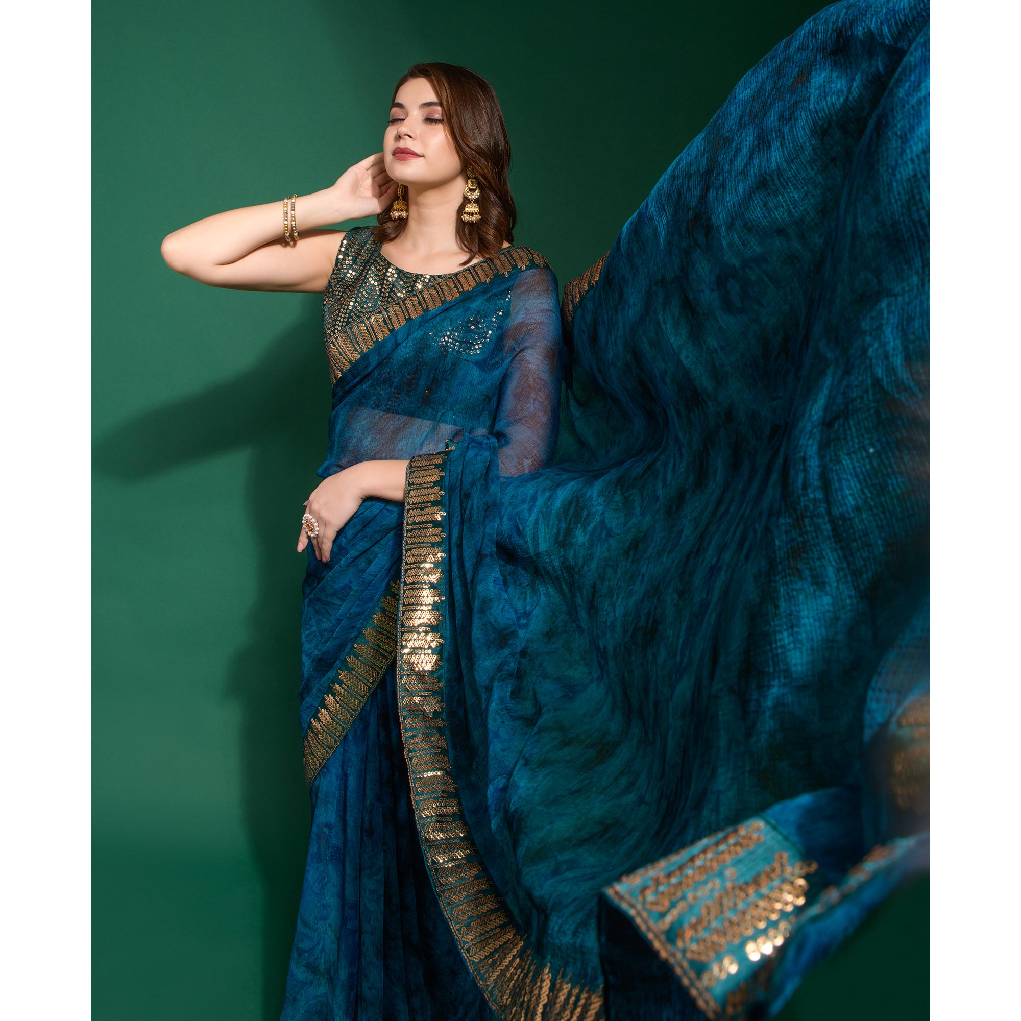 Navy Blue Printed With Sequins Border Chiffon Saree