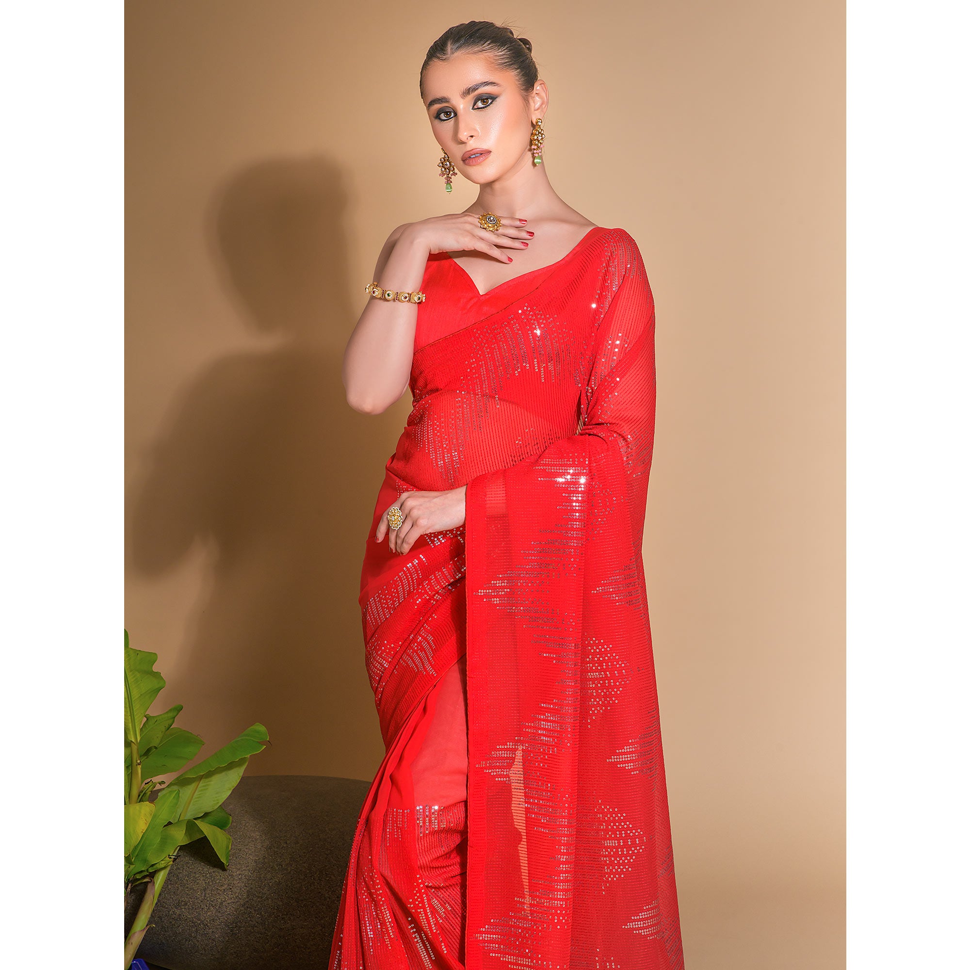 Red Sequins Embroidered Georgette Saree