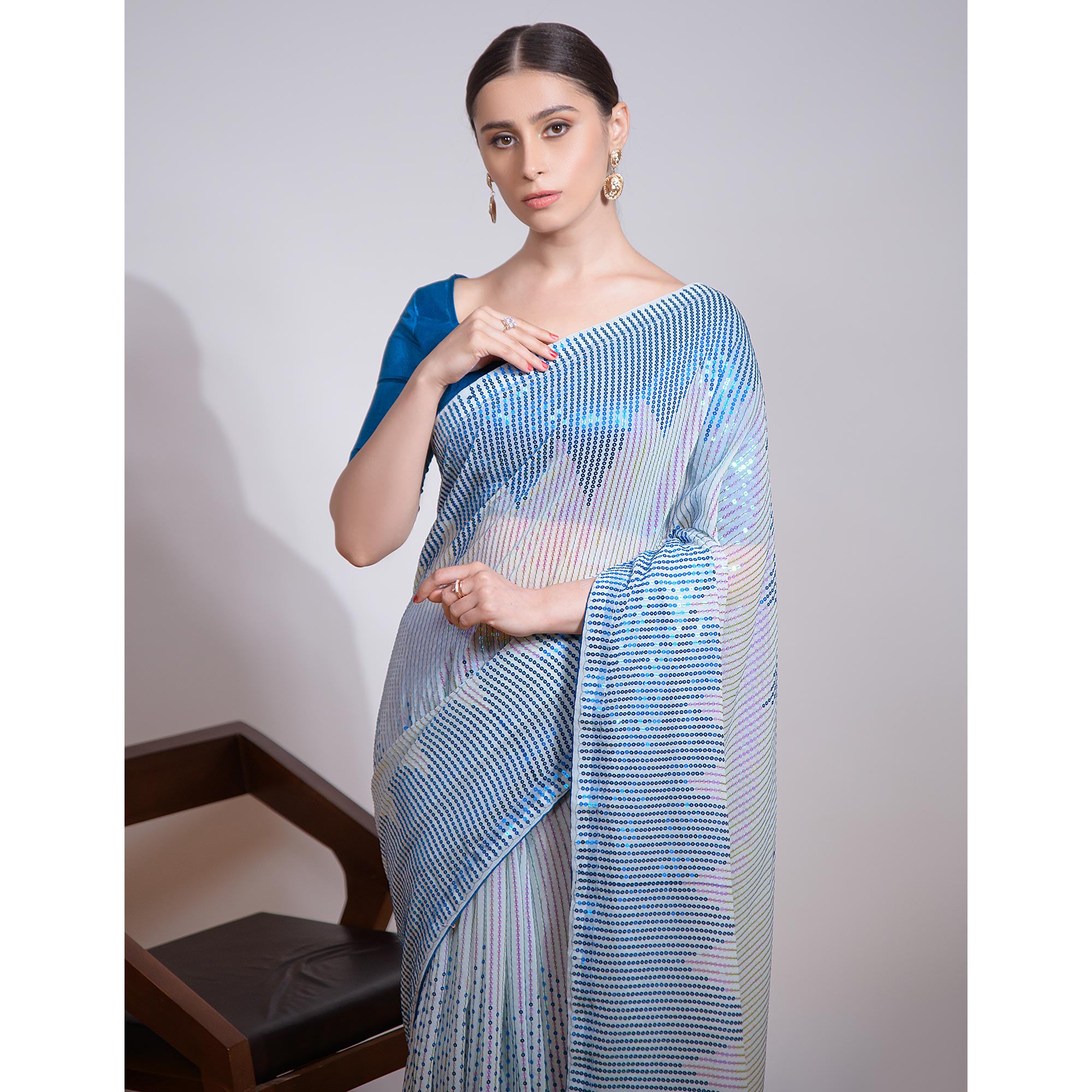 Blue Sequins Embroidered Georgette Saree