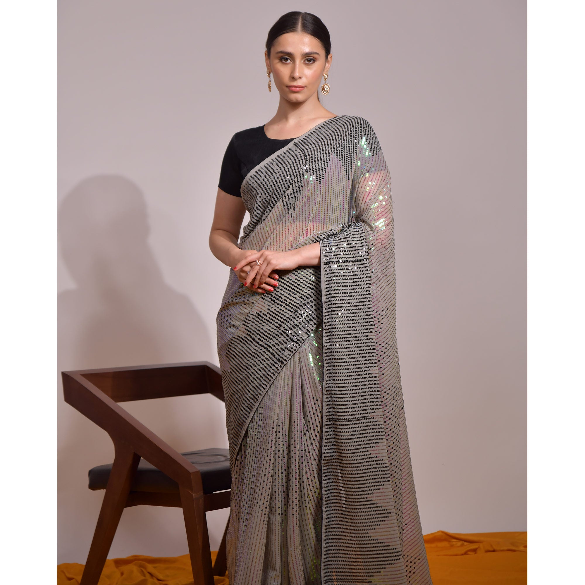 Grey Sequins Embroidered Georgette Saree