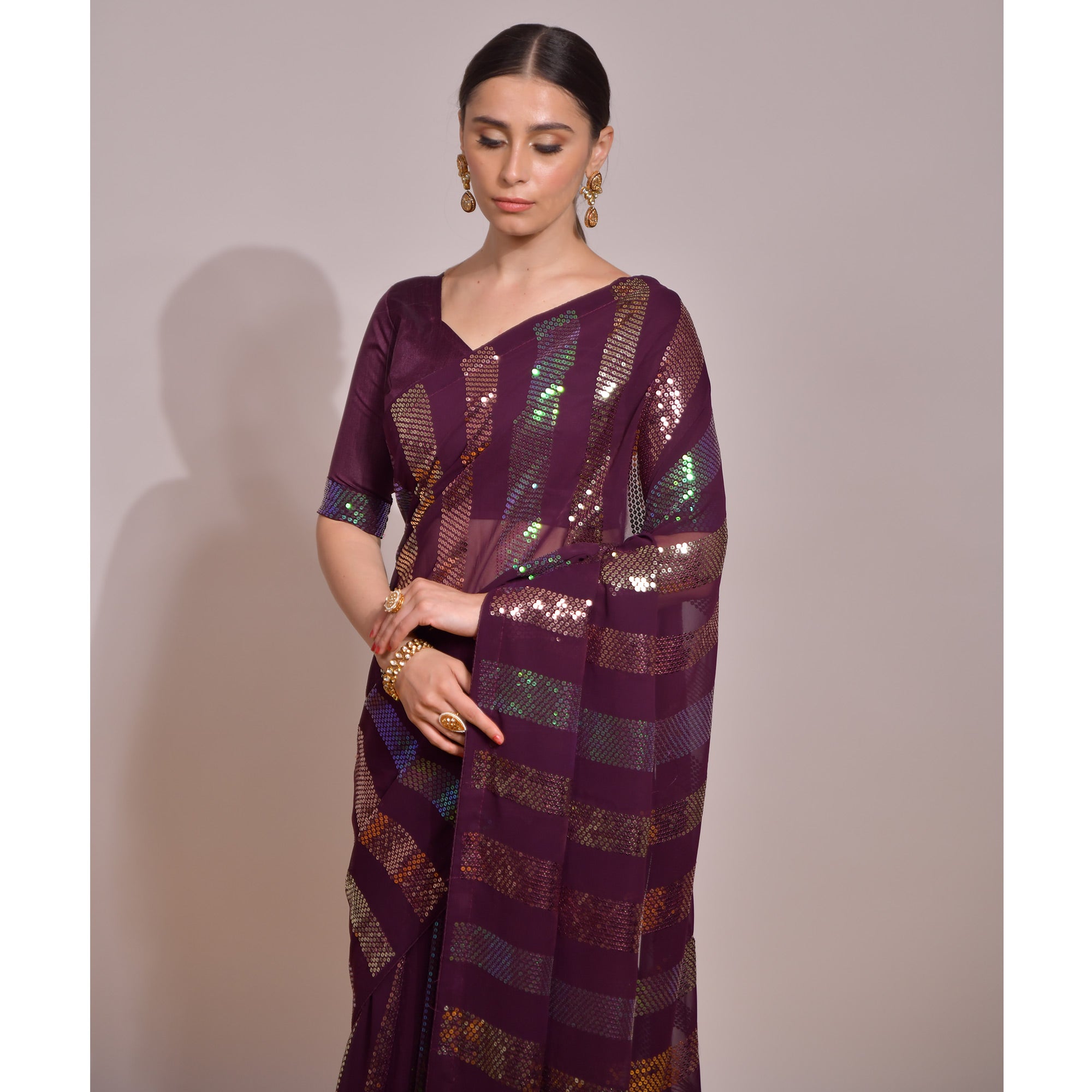 Wine Sequins Embroidered Georgette Saree