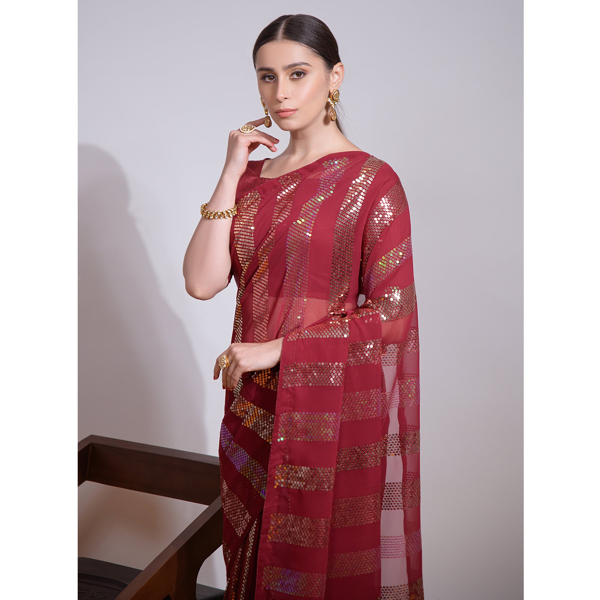 Maroon Sequins Embroidered Georgette Saree