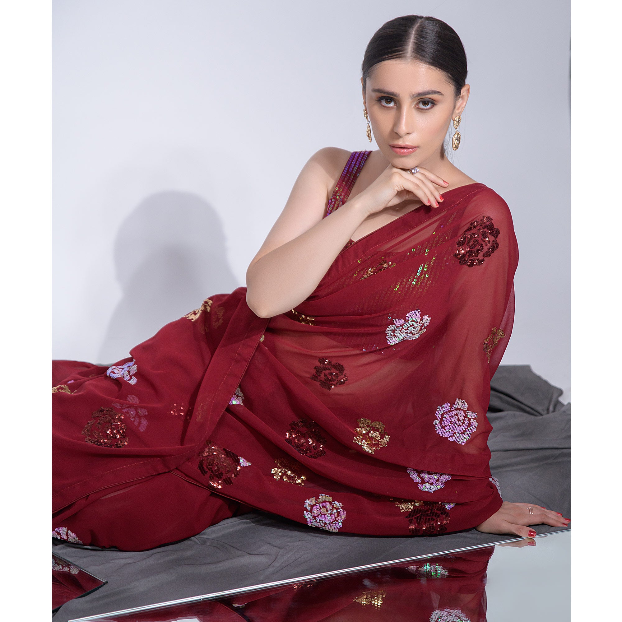 Maroon Sequins Embroidered Georgette Saree