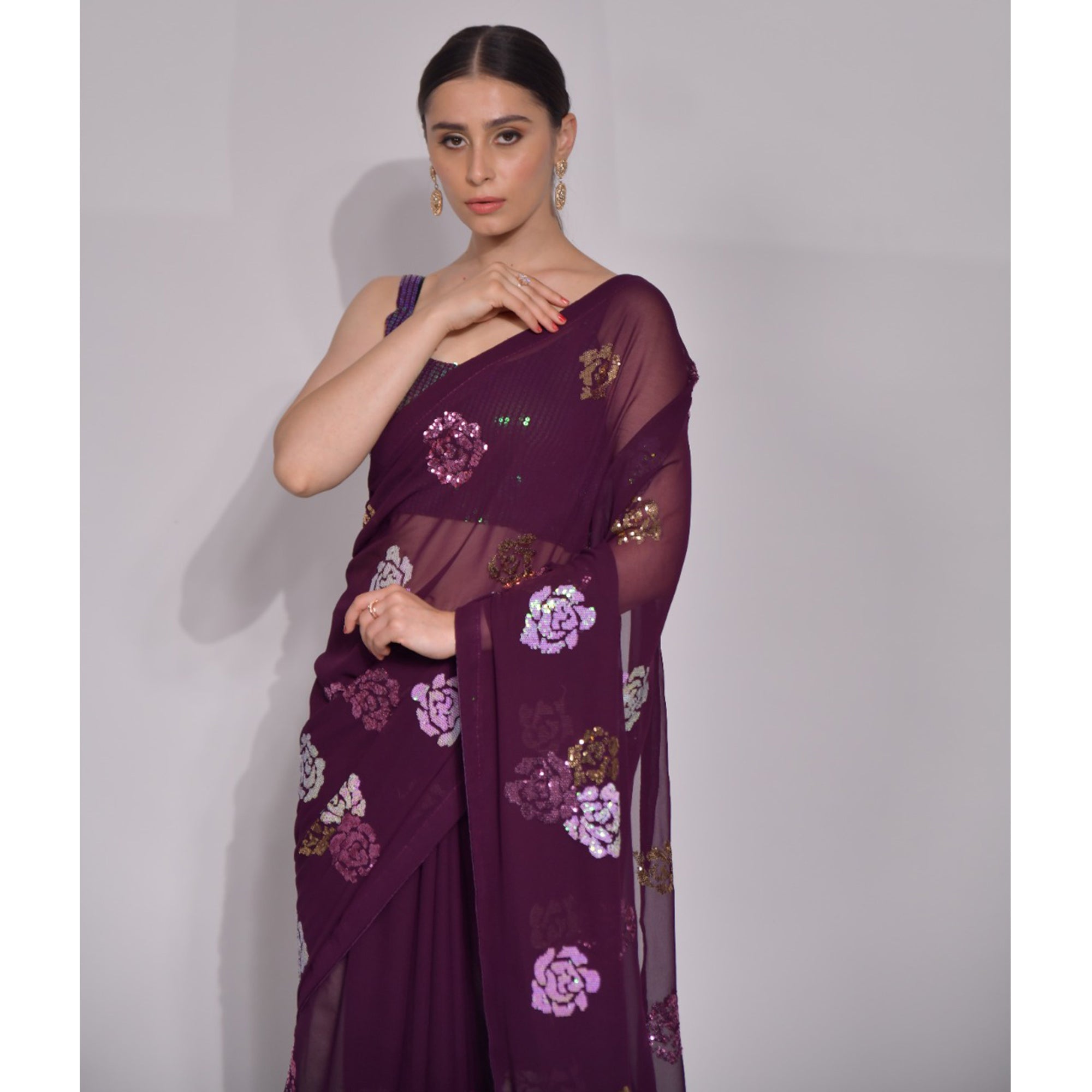 Wine Sequins Embroidered Georgette Saree