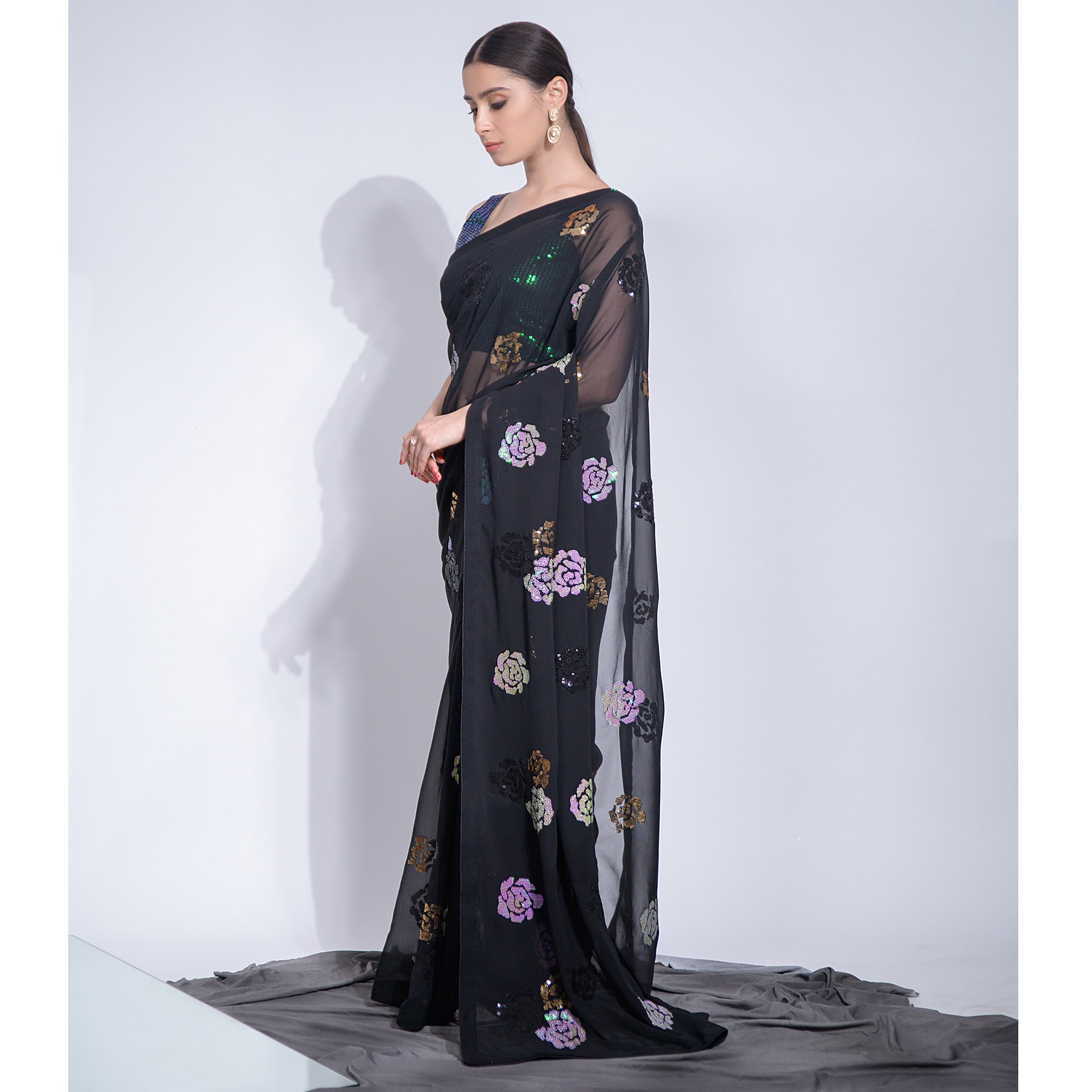 Black Sequins Embroidered Georgette Saree