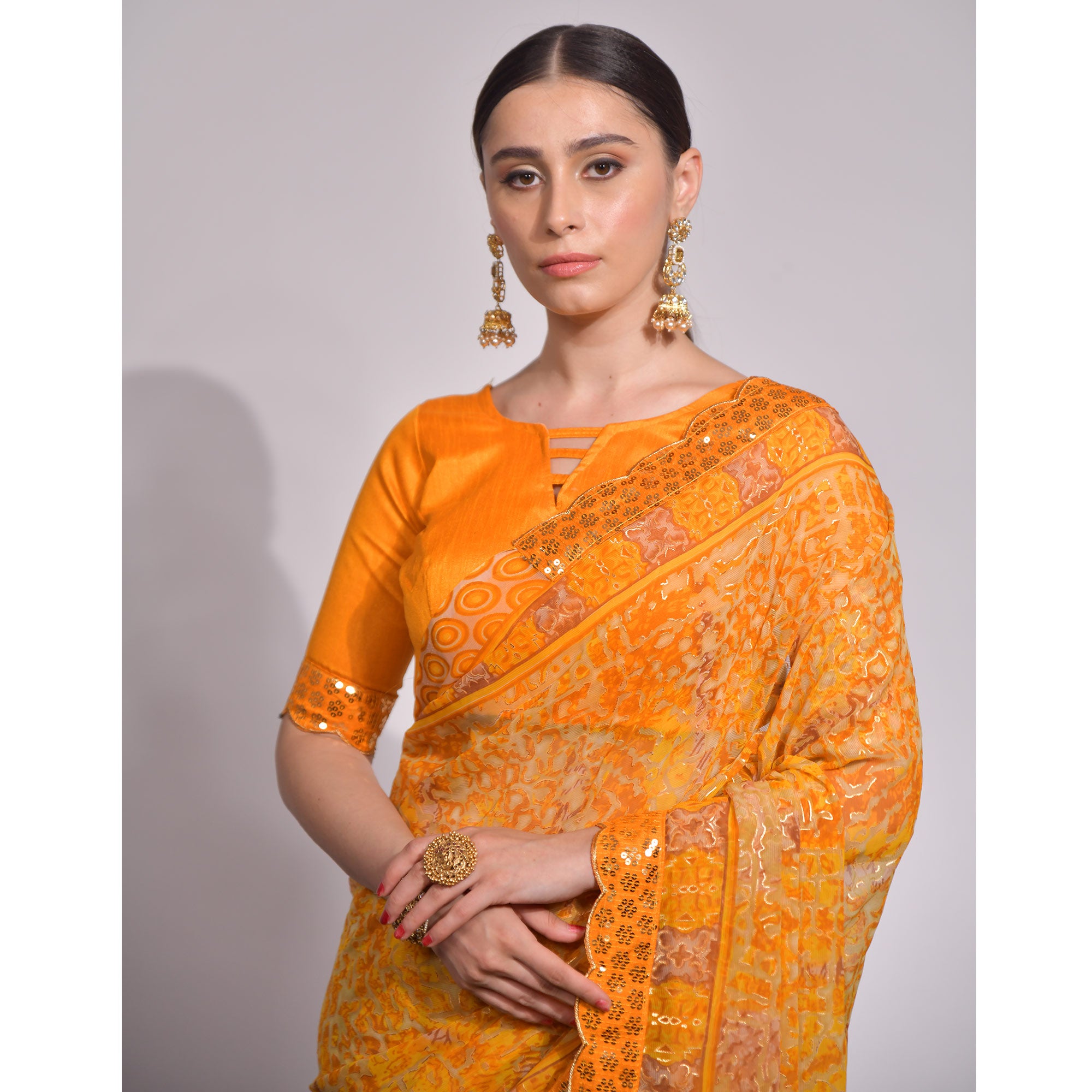 Yellow Foil Printed Chiffon Saree With Embroidered Border