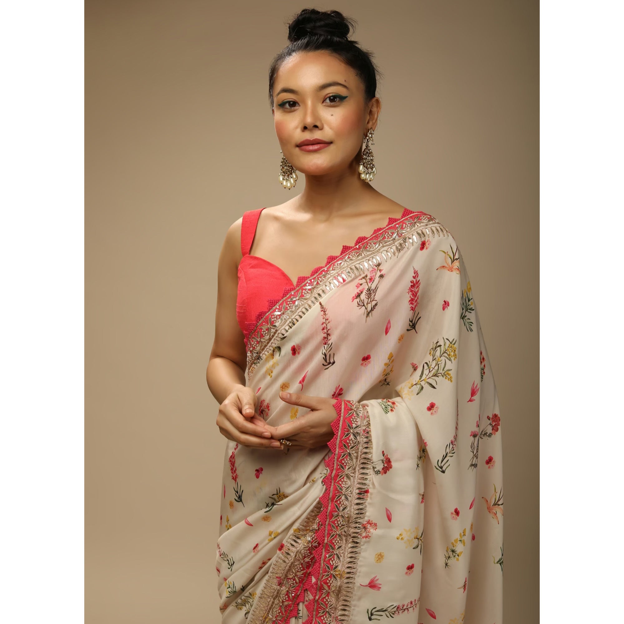 Off White Floral Printed Chinon Saree