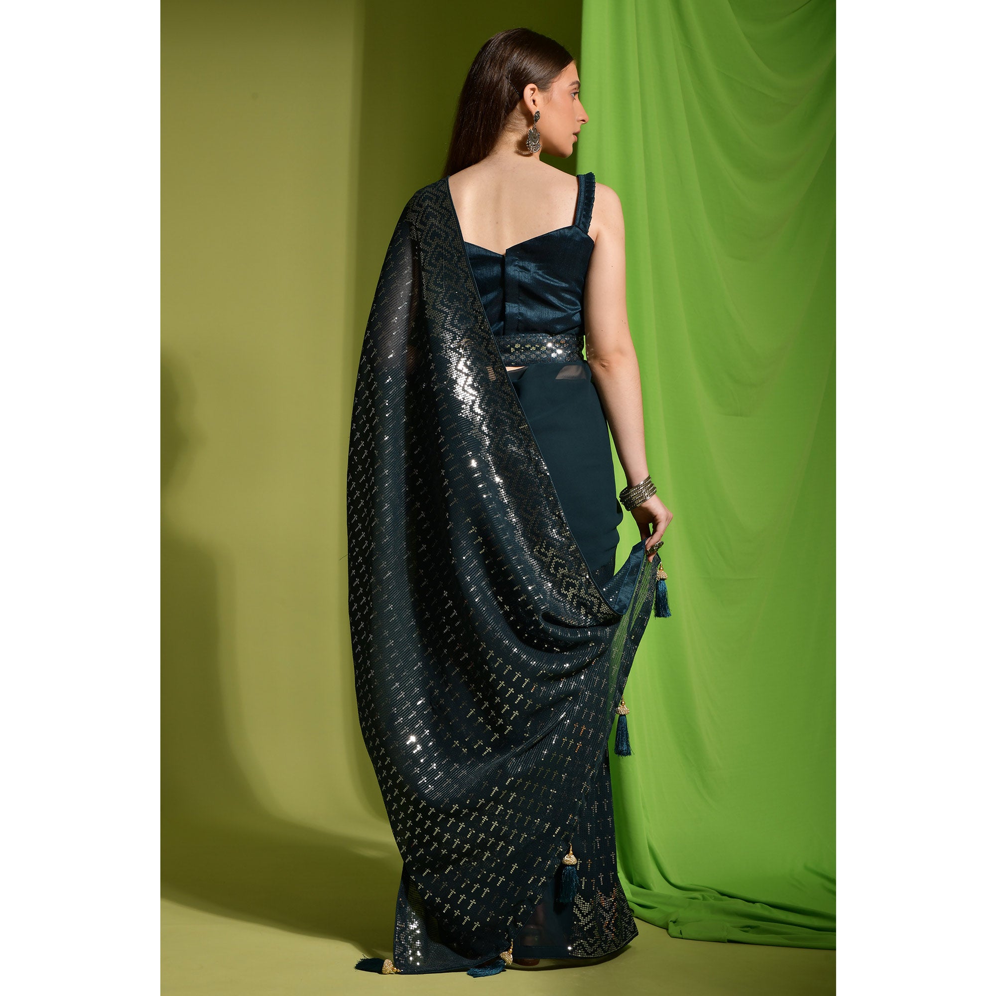 Dark Green Sequins Embroidered Georgette Saree