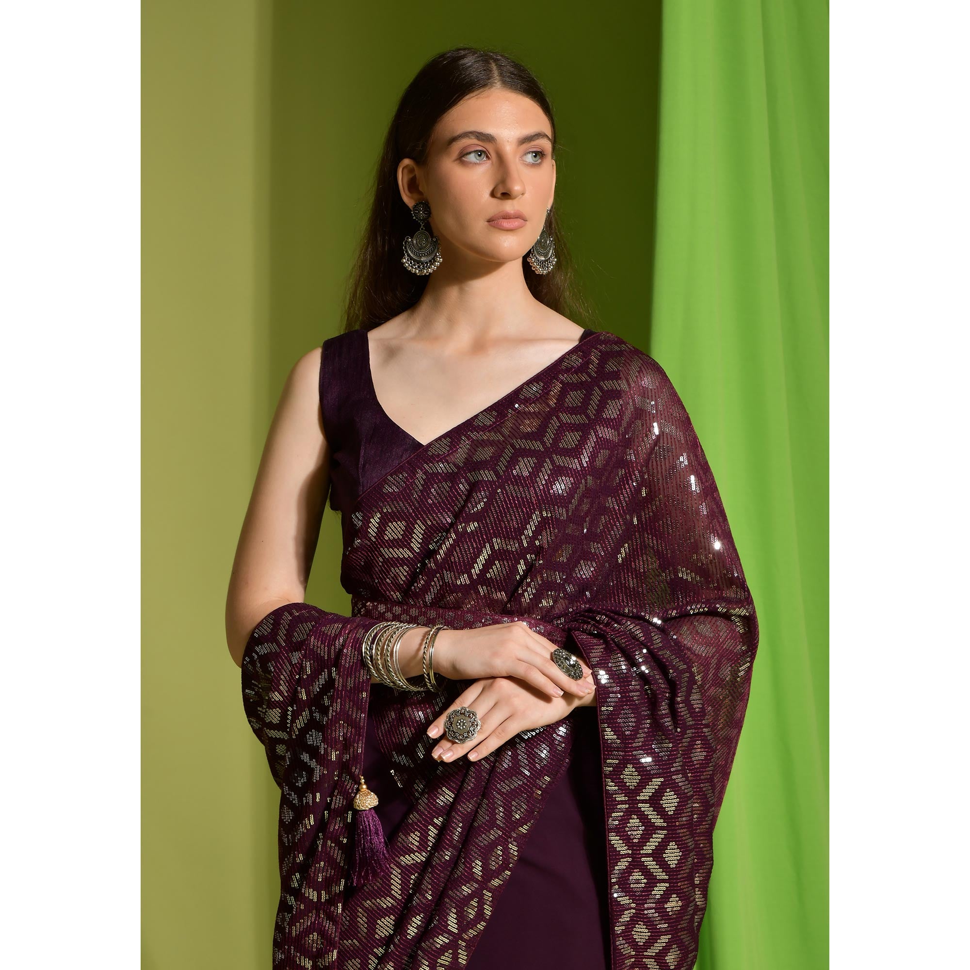 Wine Sequins Embroidered Georgette Saree