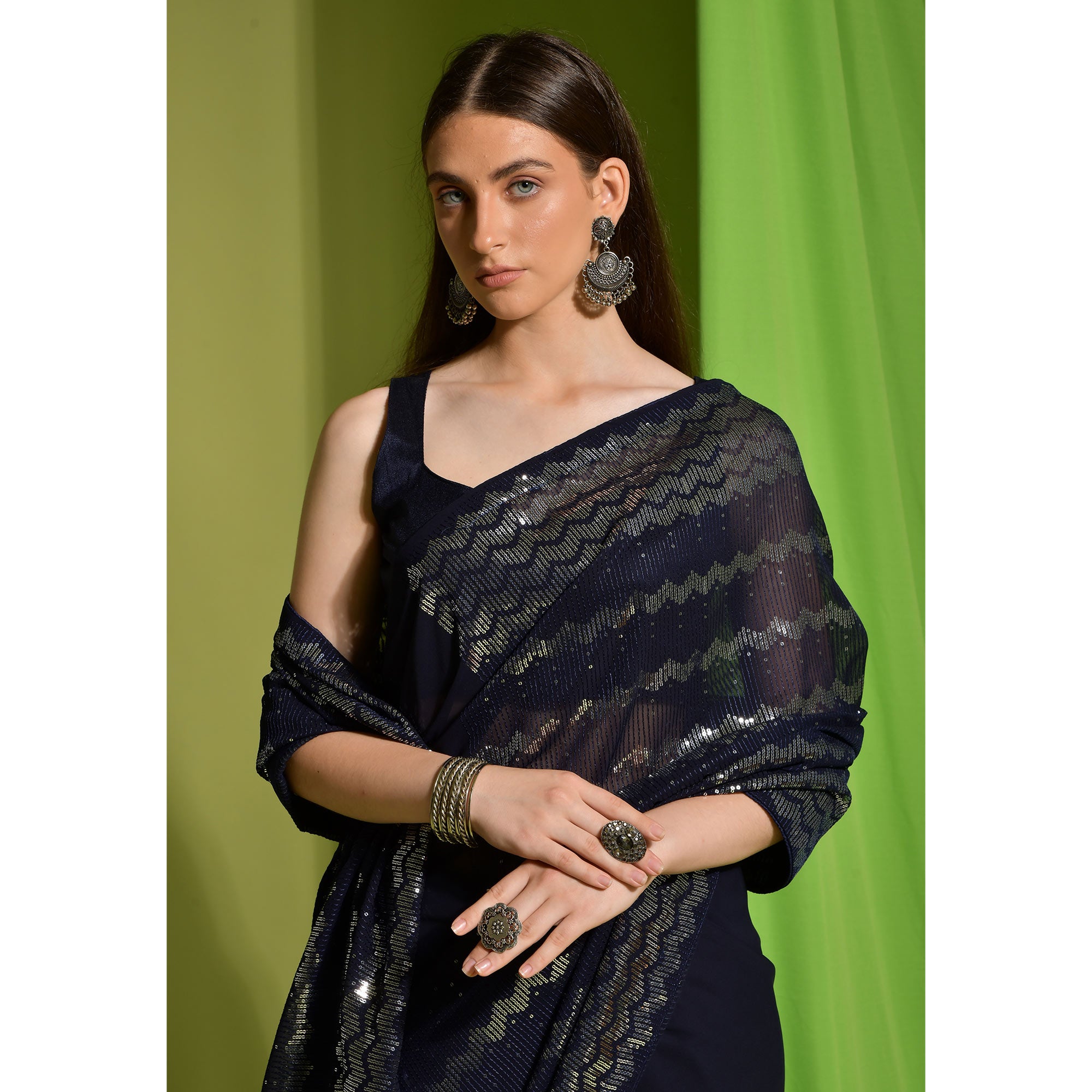 Navy Blue Sequins Embroidered Georgette Saree