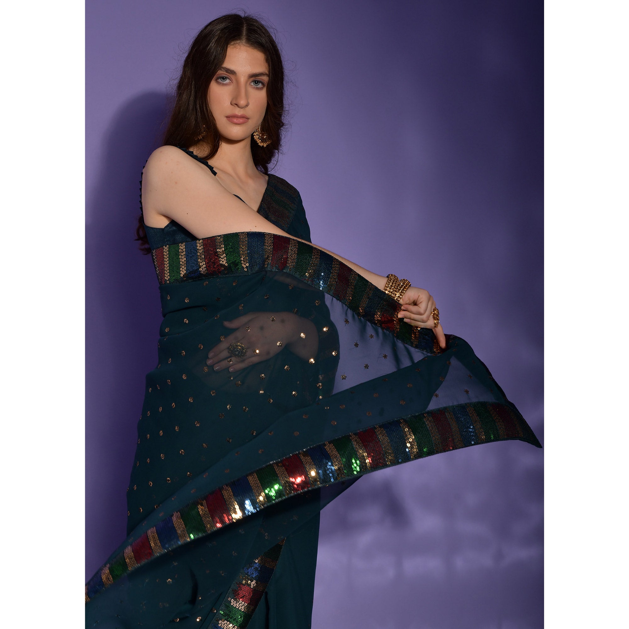 Blue Sequins Embroidered Georgette Saree