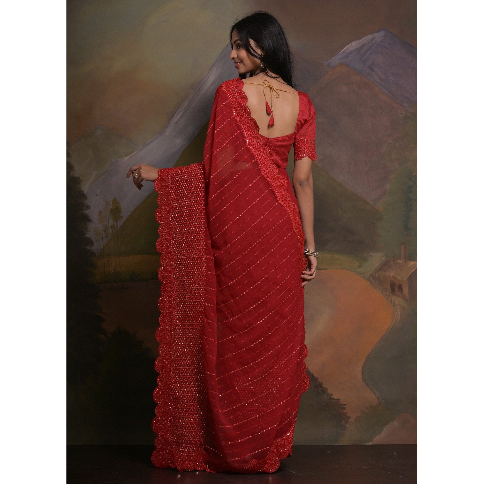 Red Sequins Embroidered Georgette Saree