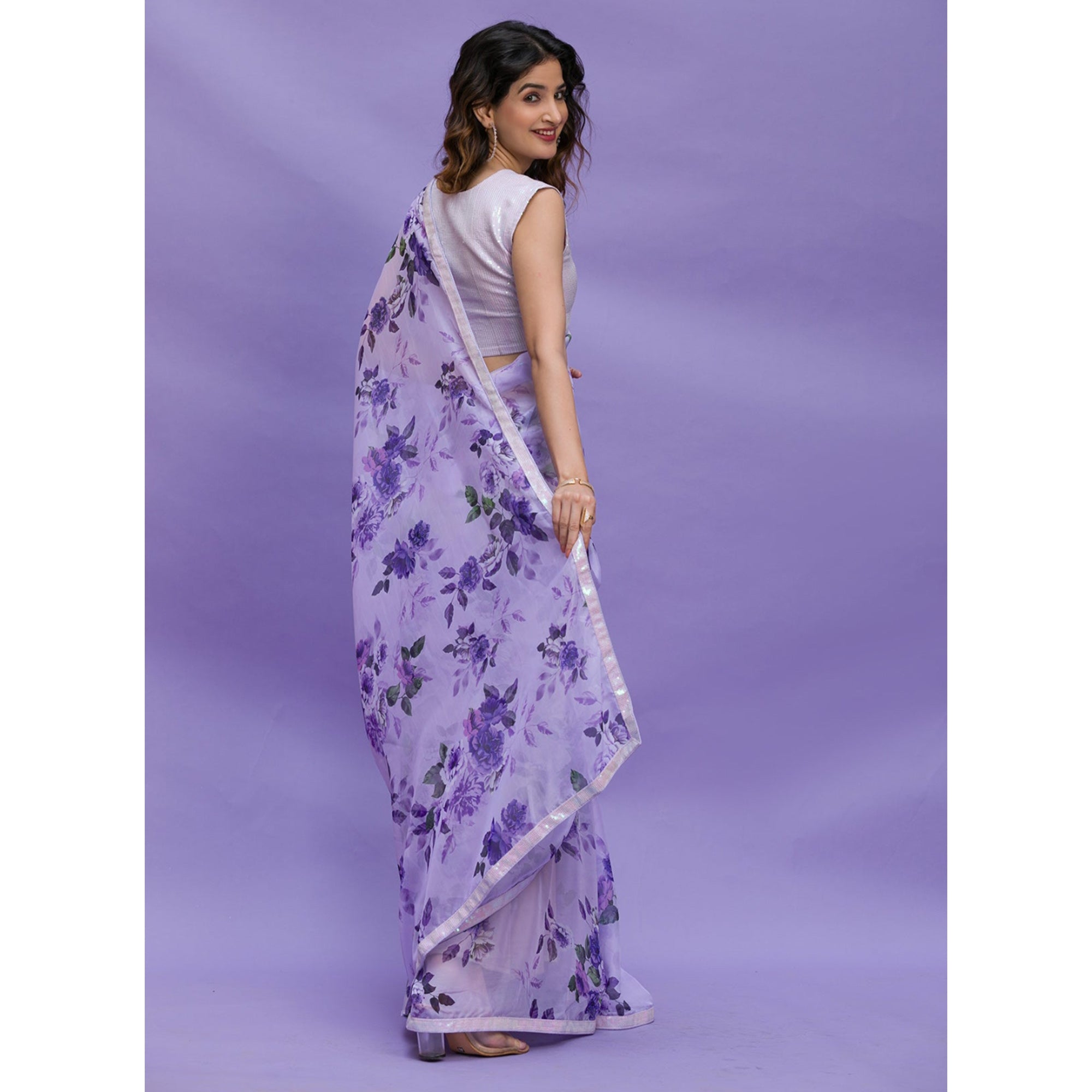 Purple Floral Printed Chinon Saree With Embroidered Border
