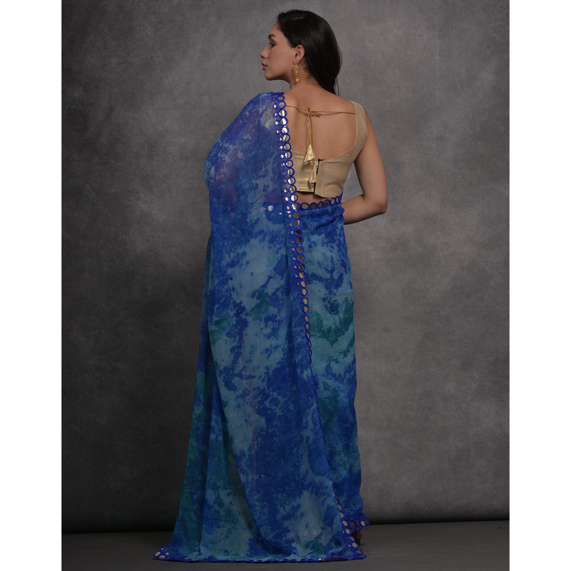 Navy Blue Printed With Mirror Work Georgette Saree