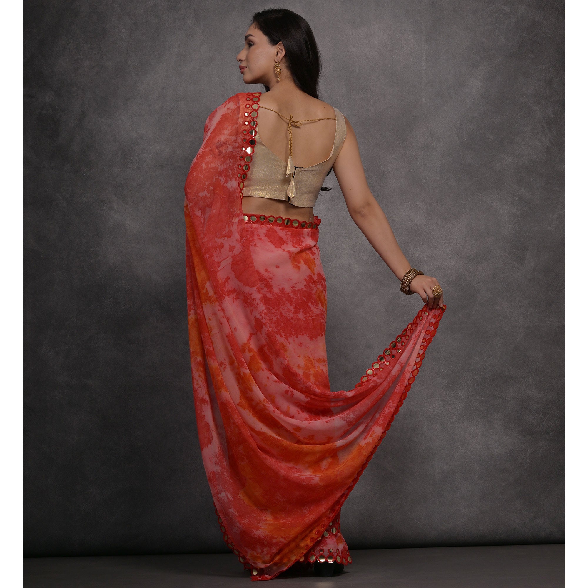 Pink Printed With Mirror Work Georgette Saree