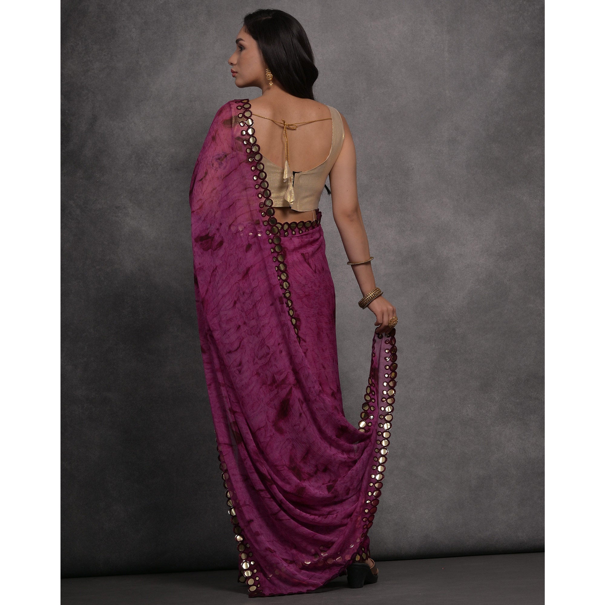 Purple Printed With Mirror Work Georgette Saree