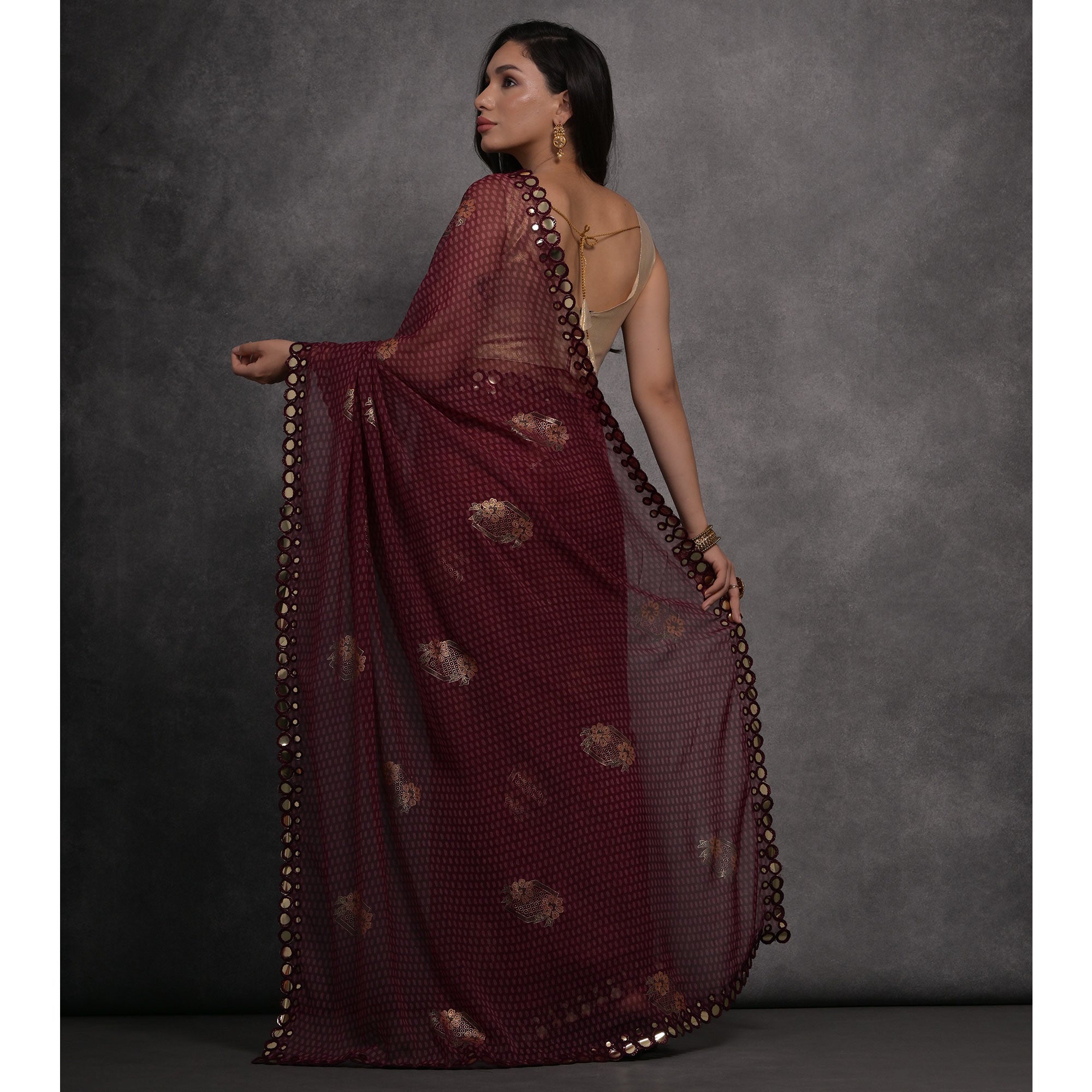 Wine Foil Printed With Mirror Work Georgette Saree