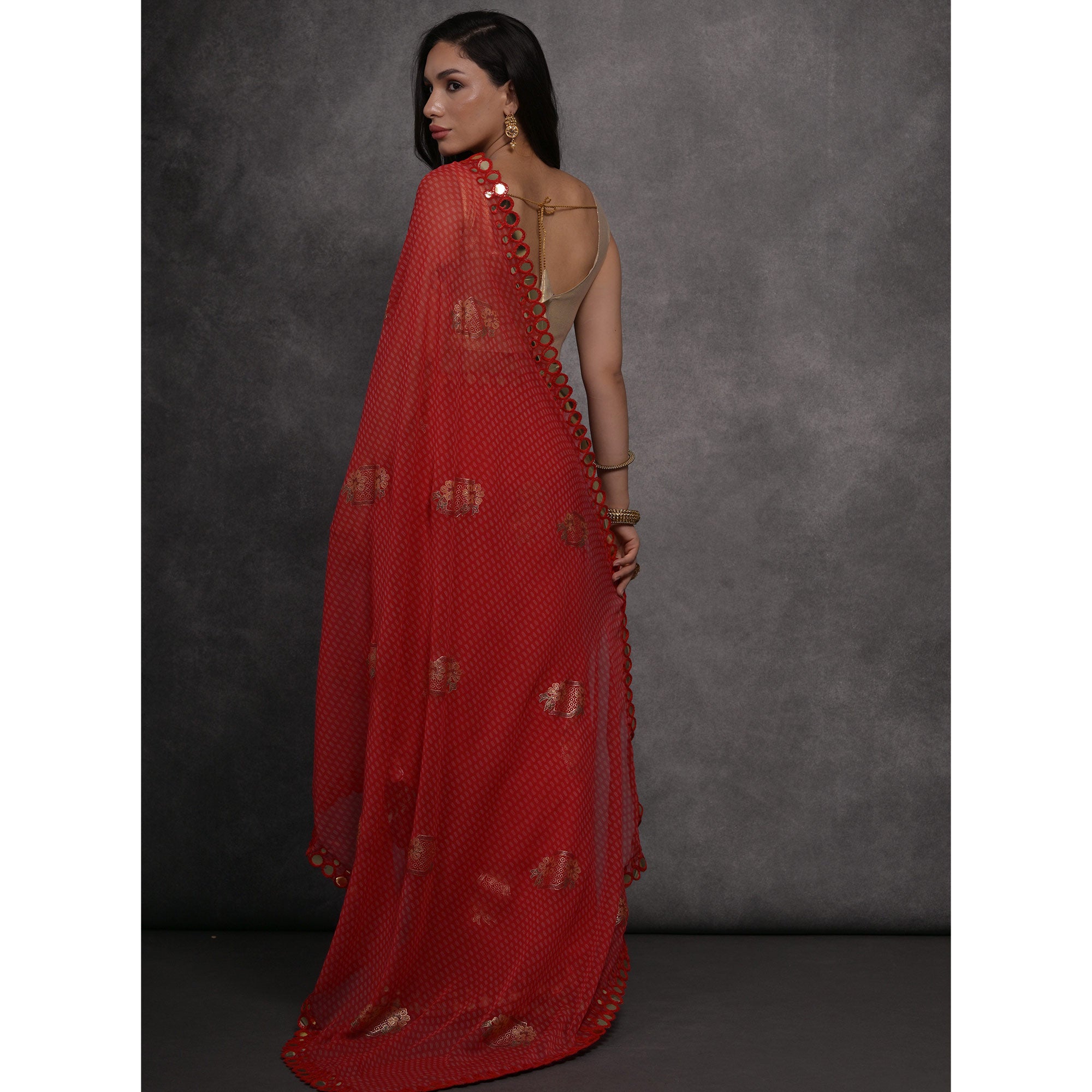 Red Foil Printed With Mirror Work Georgette Saree