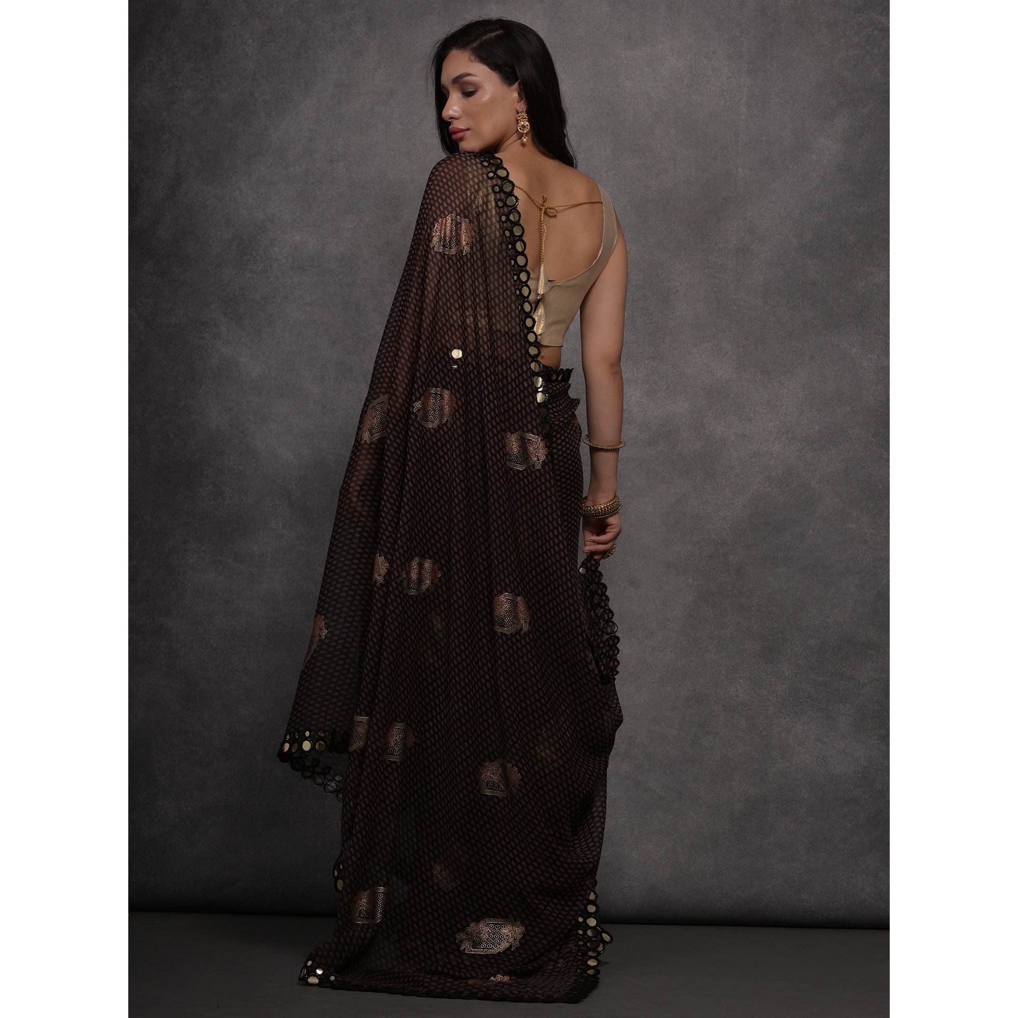 Black Foil Printed With Mirror Work Georgette Saree