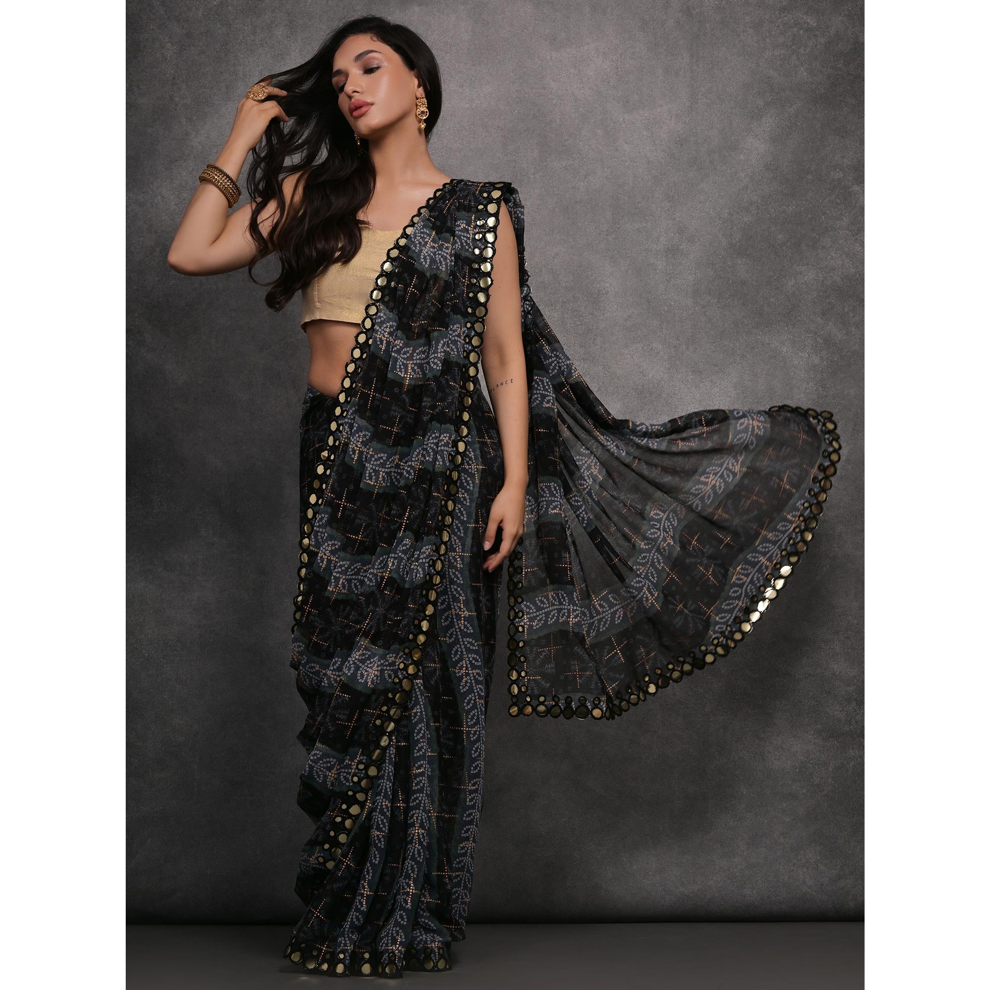 Black Foil Printed With Mirror Work Georgette Saree