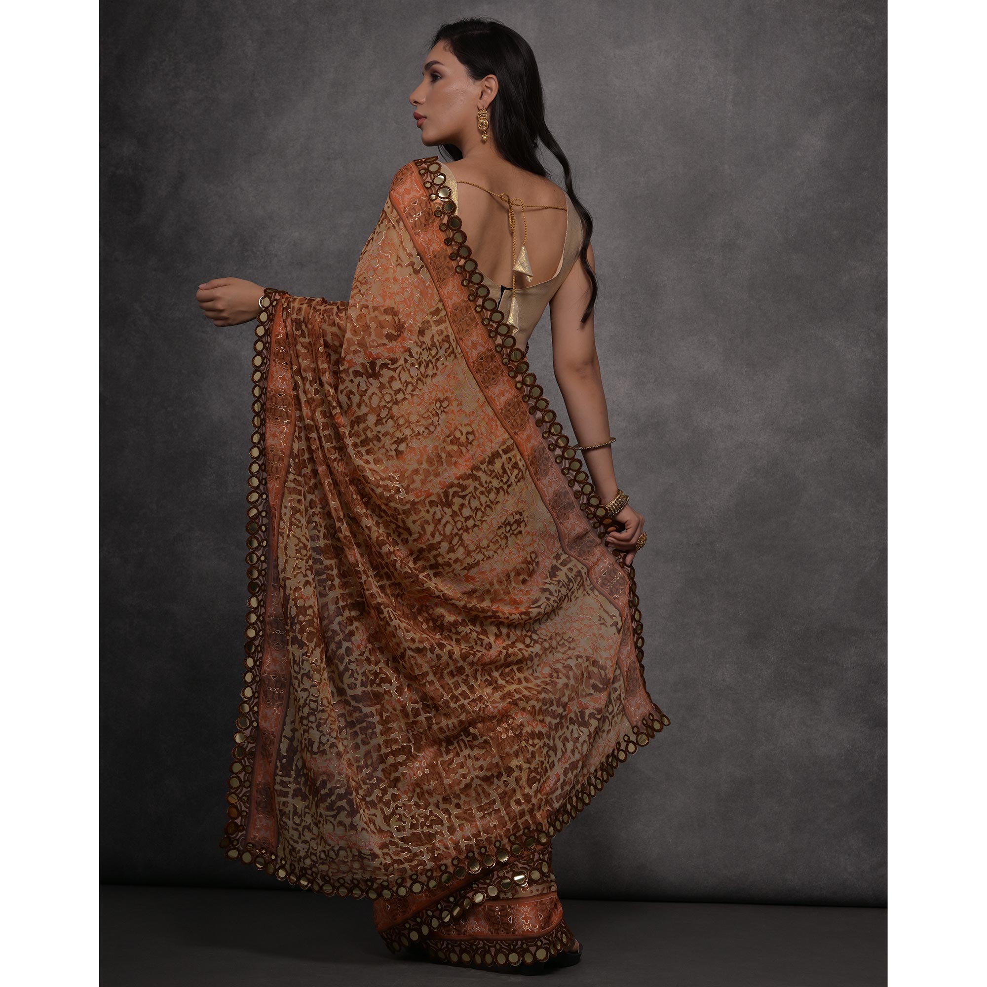 Peach Foil Printed With Mirror Work Georgette Saree