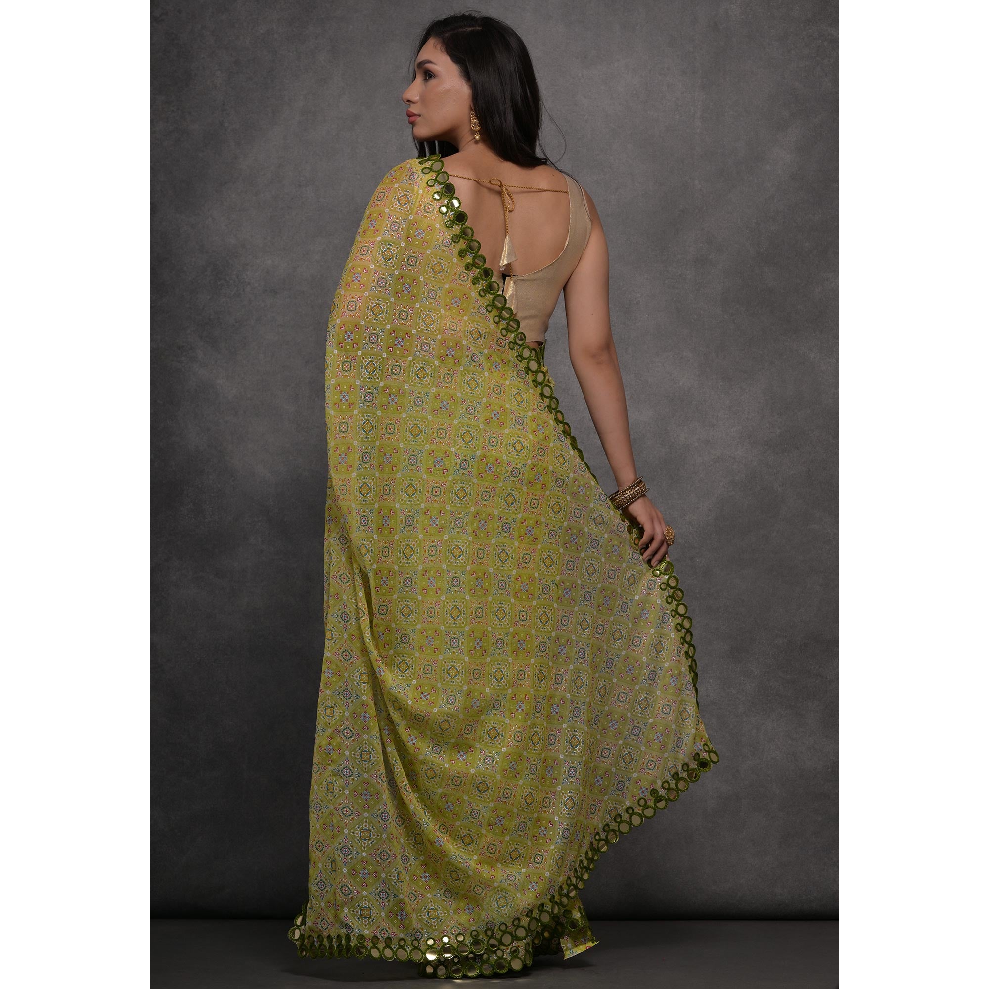 Green Foil Printed With Mirror Work Georgette Saree