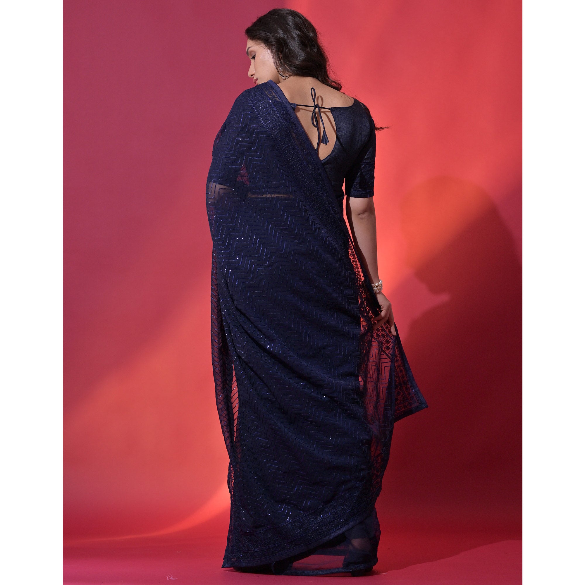 Navy Blue Sequins Embroidered Georgette Saree