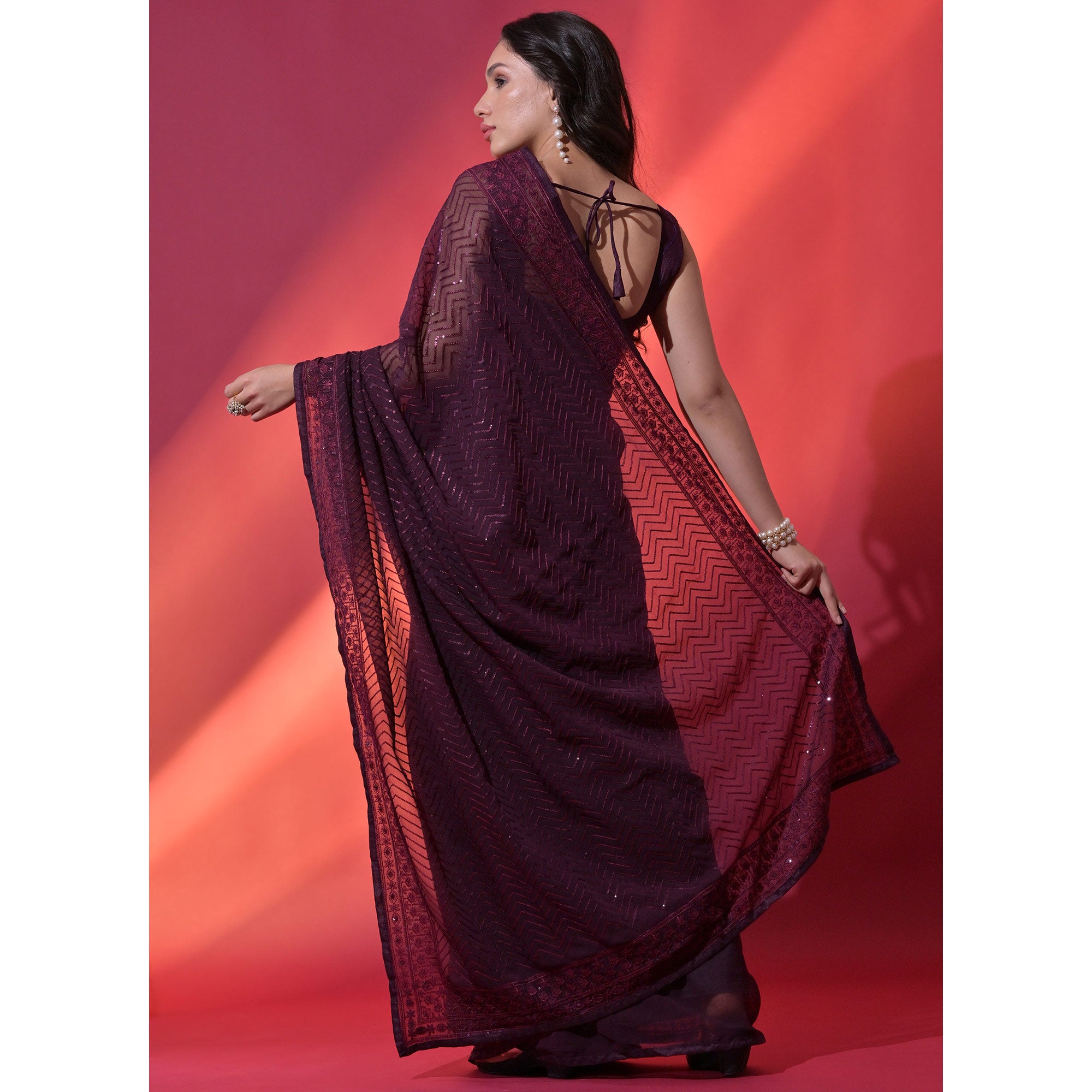 Wine Sequins Embroidered Georgette Saree