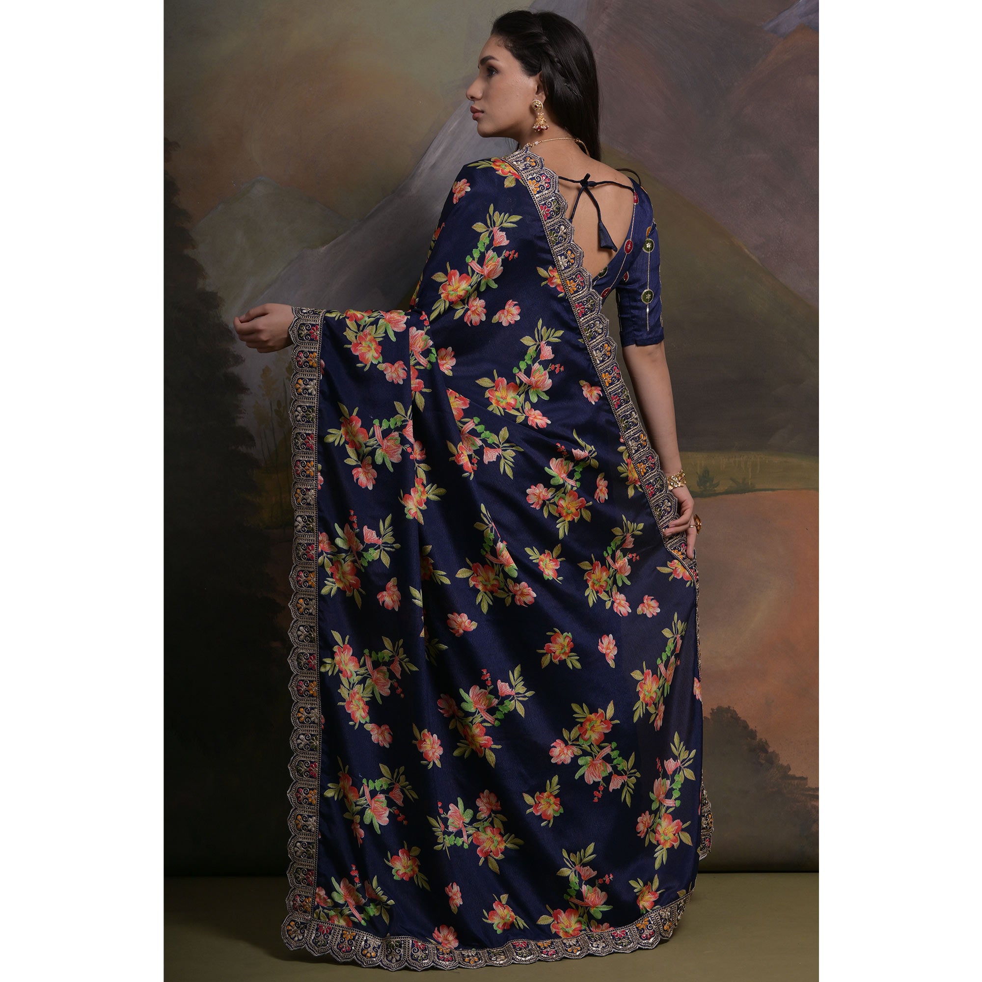 Navy Blue Floral Printed Chinon Saree With Embroidered Border
