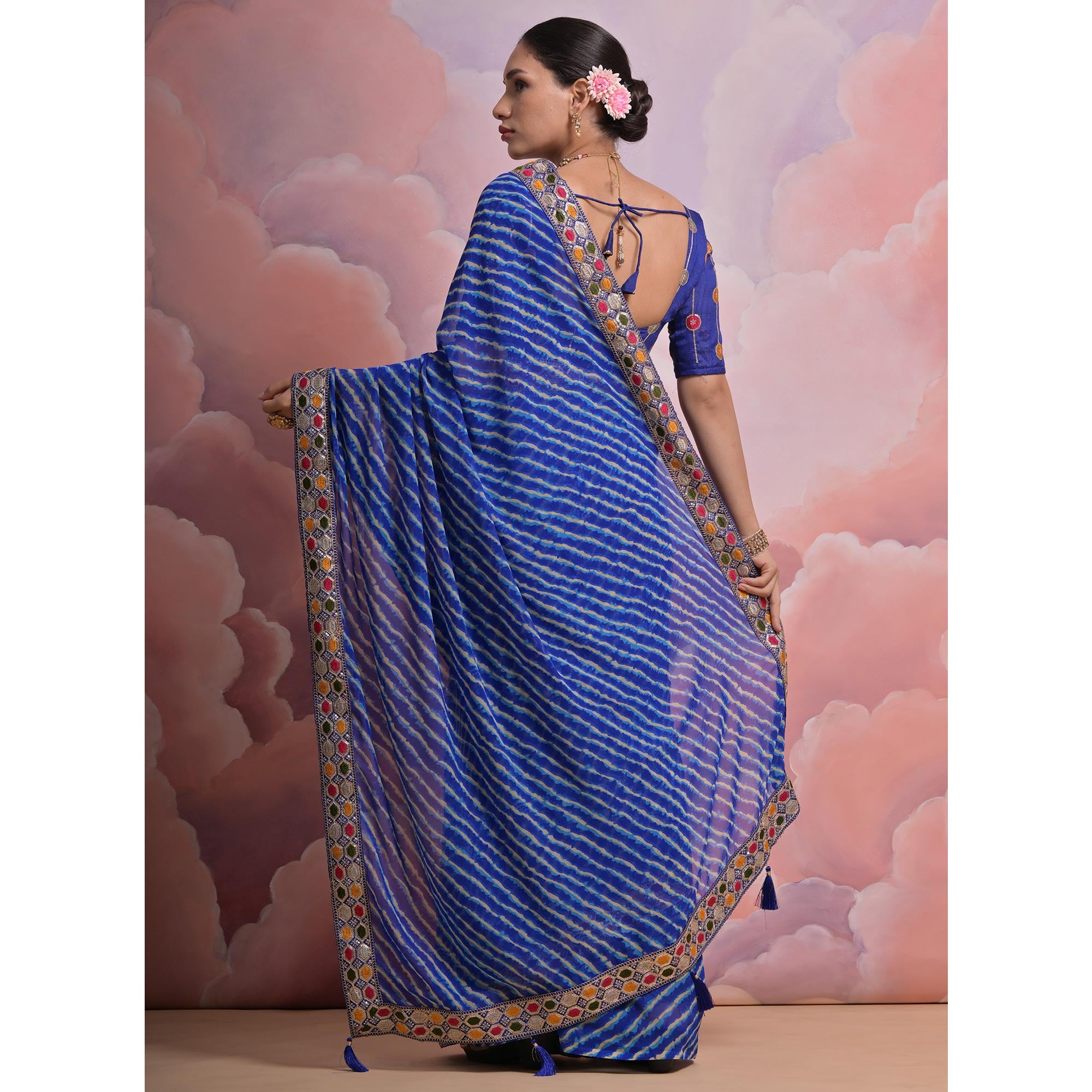 Blue Leheriya Printed With Embroidered Border Georgette Saree