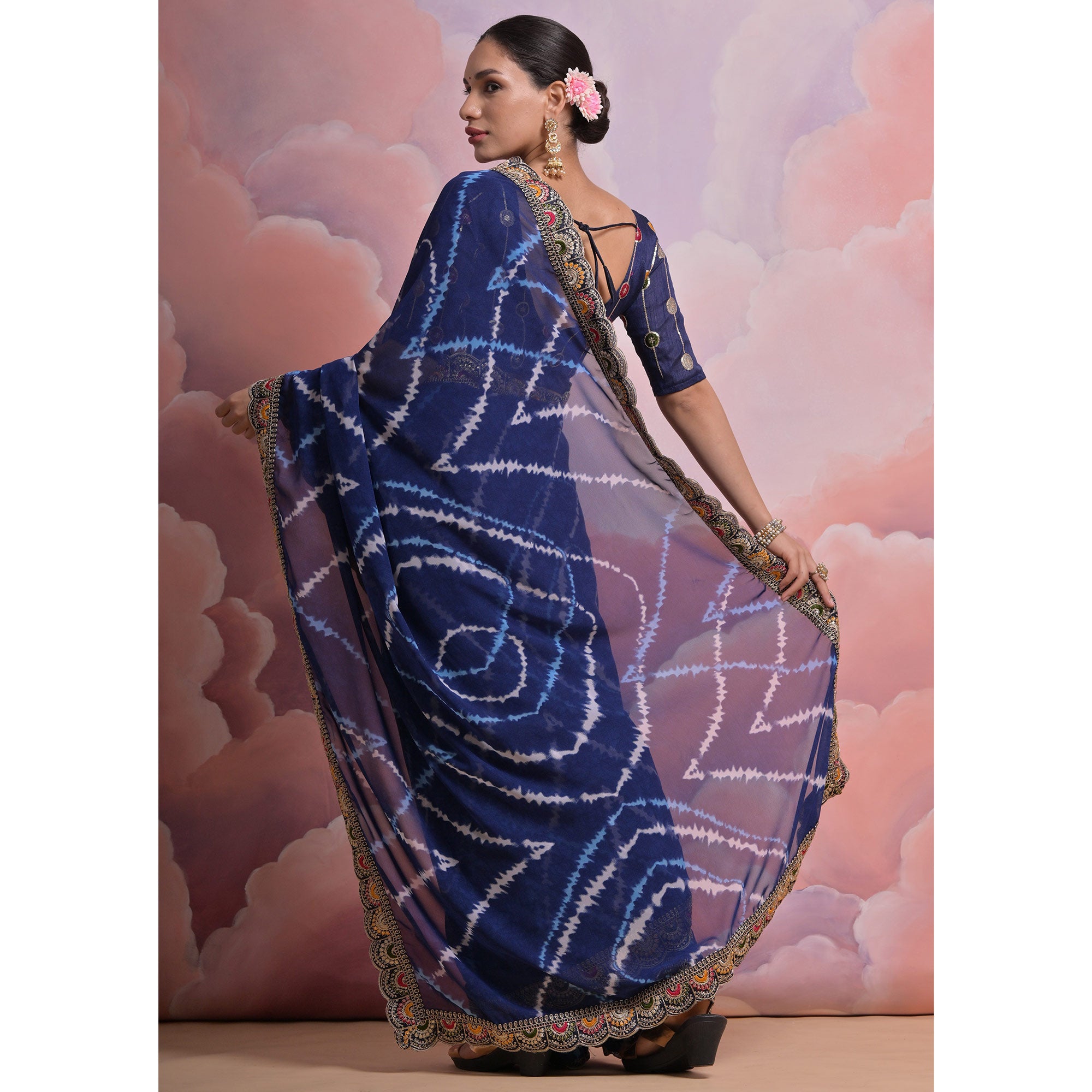 Blue  Printed With Embroidered Border Georgette Saree