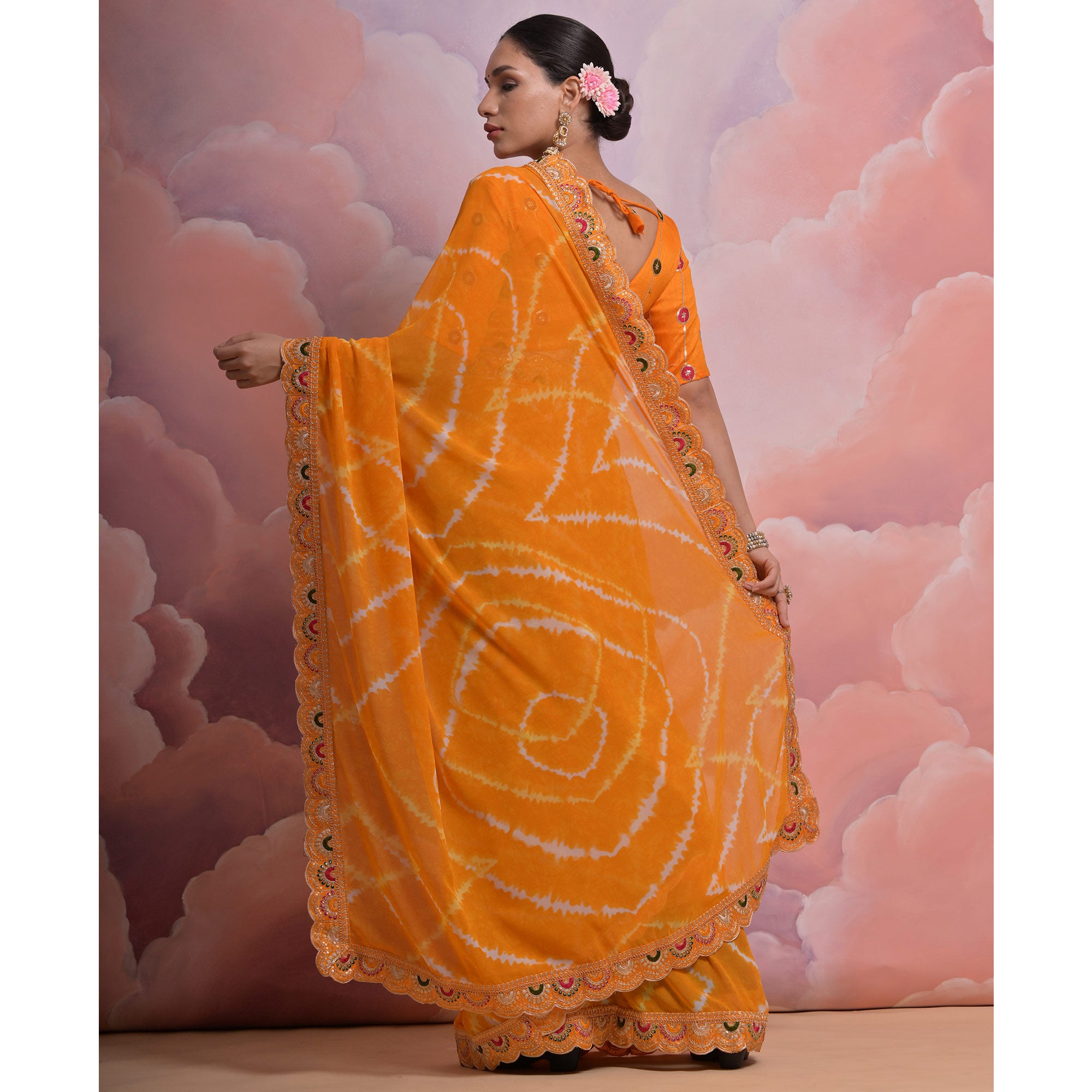 Yellow  Printed With Embroidered Border Georgette Saree