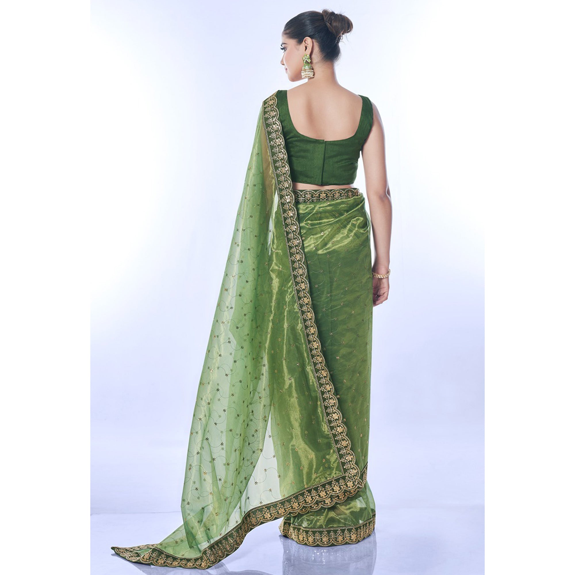 Green Sequins Embroidered Net Saree