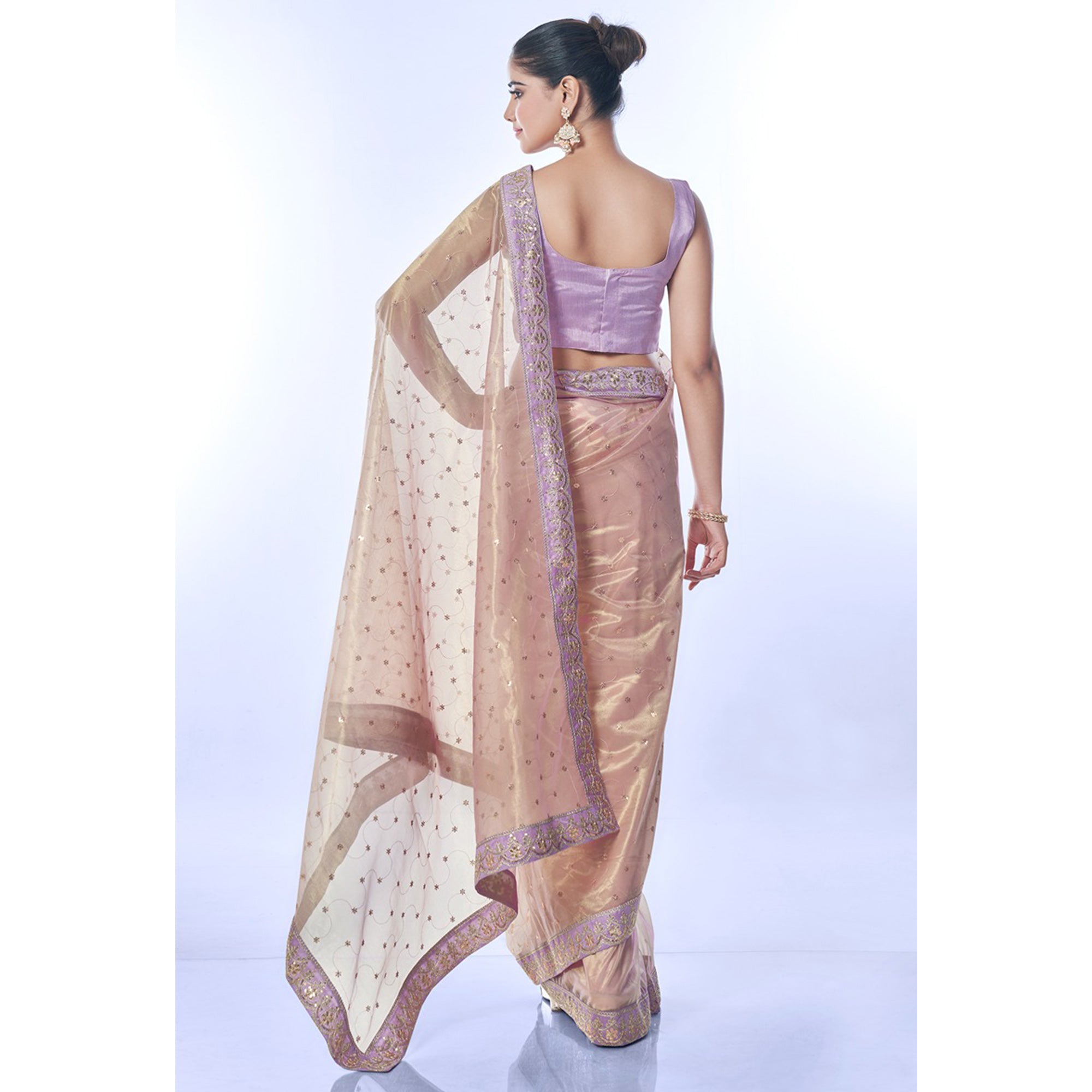 Beige Sequins Embroidered Net Saree