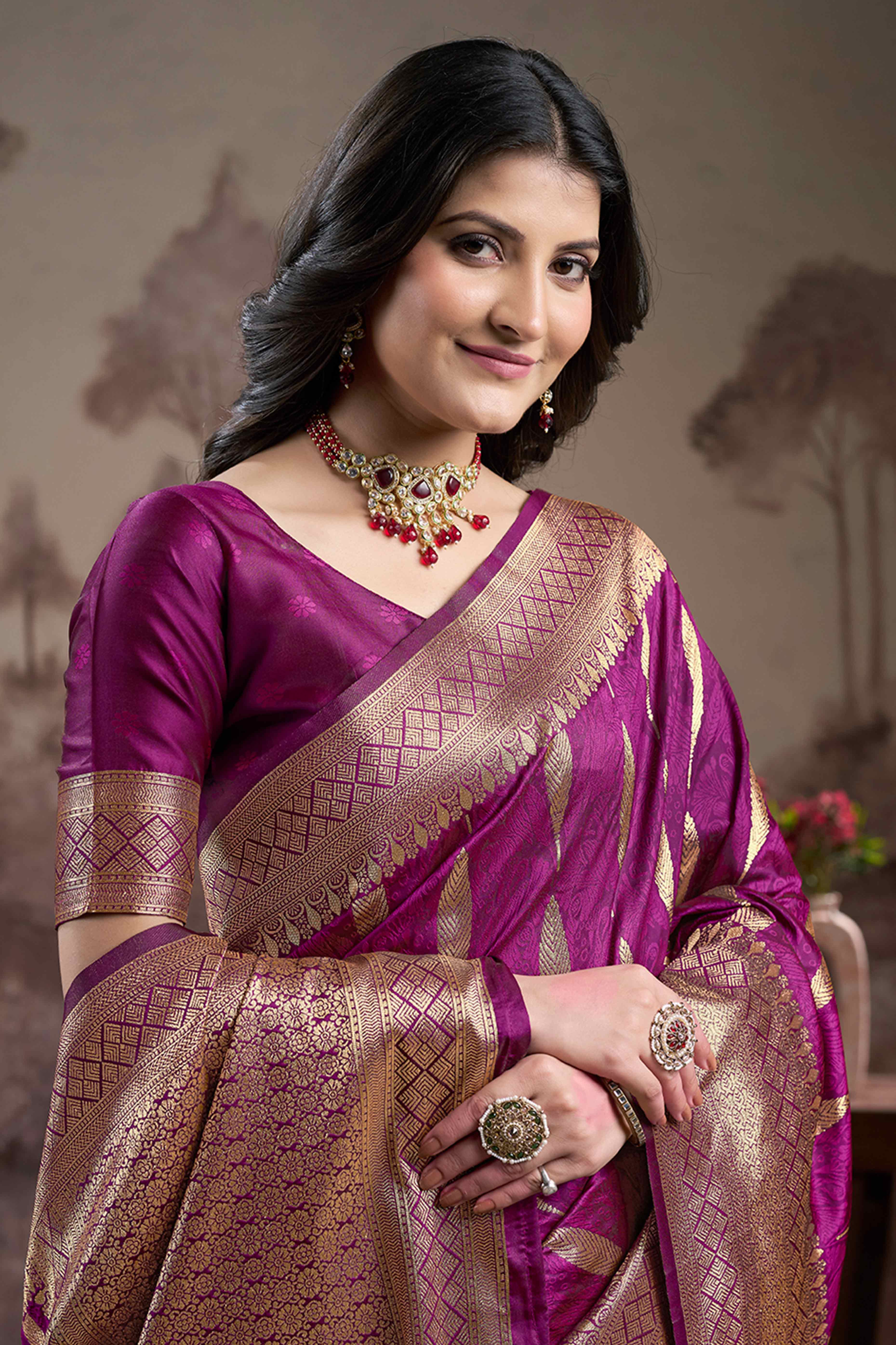 Purple Floral Woven Jacquard Silk Saree