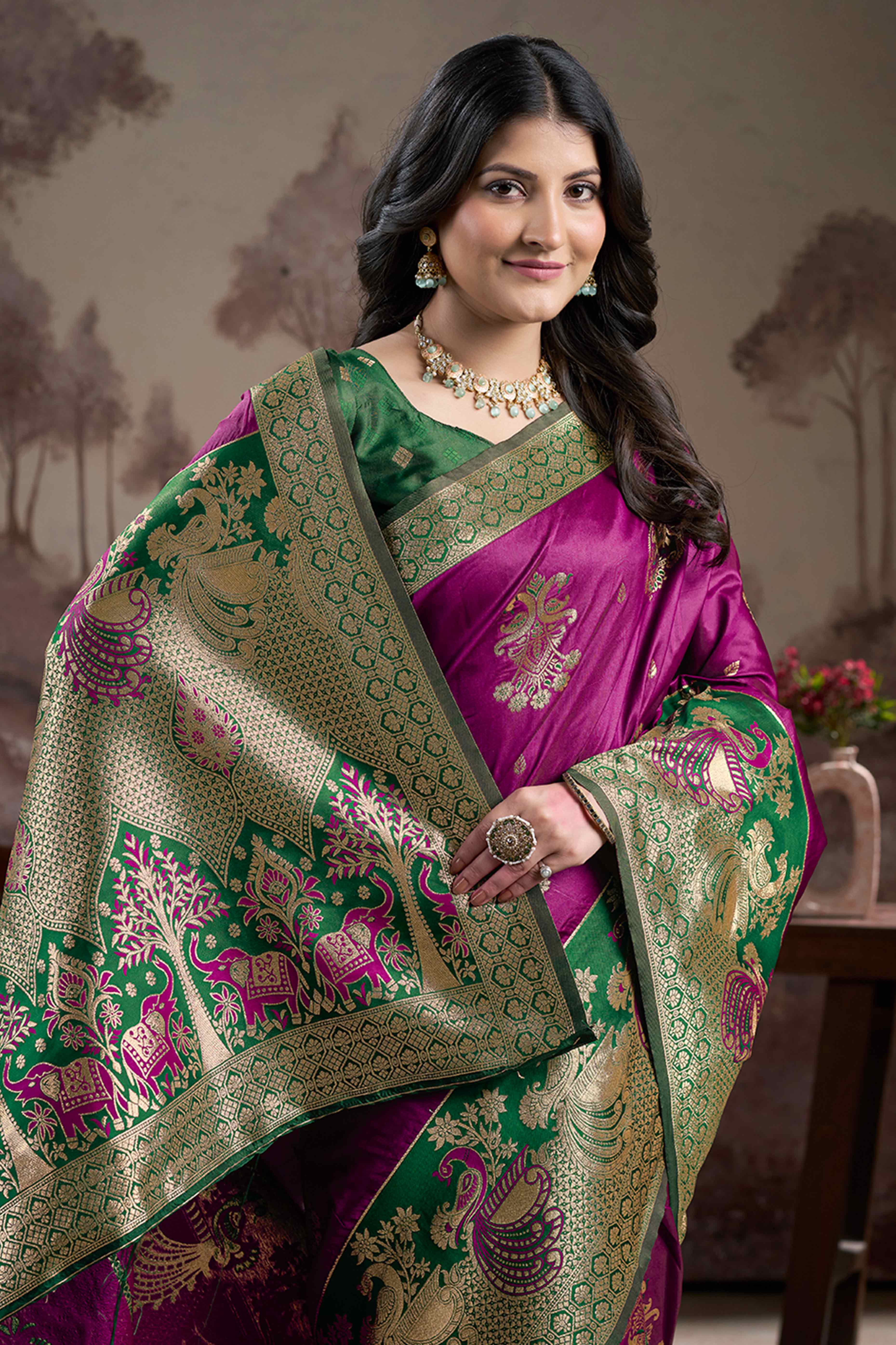 Purple Floral Woven Jacquard Silk Saree