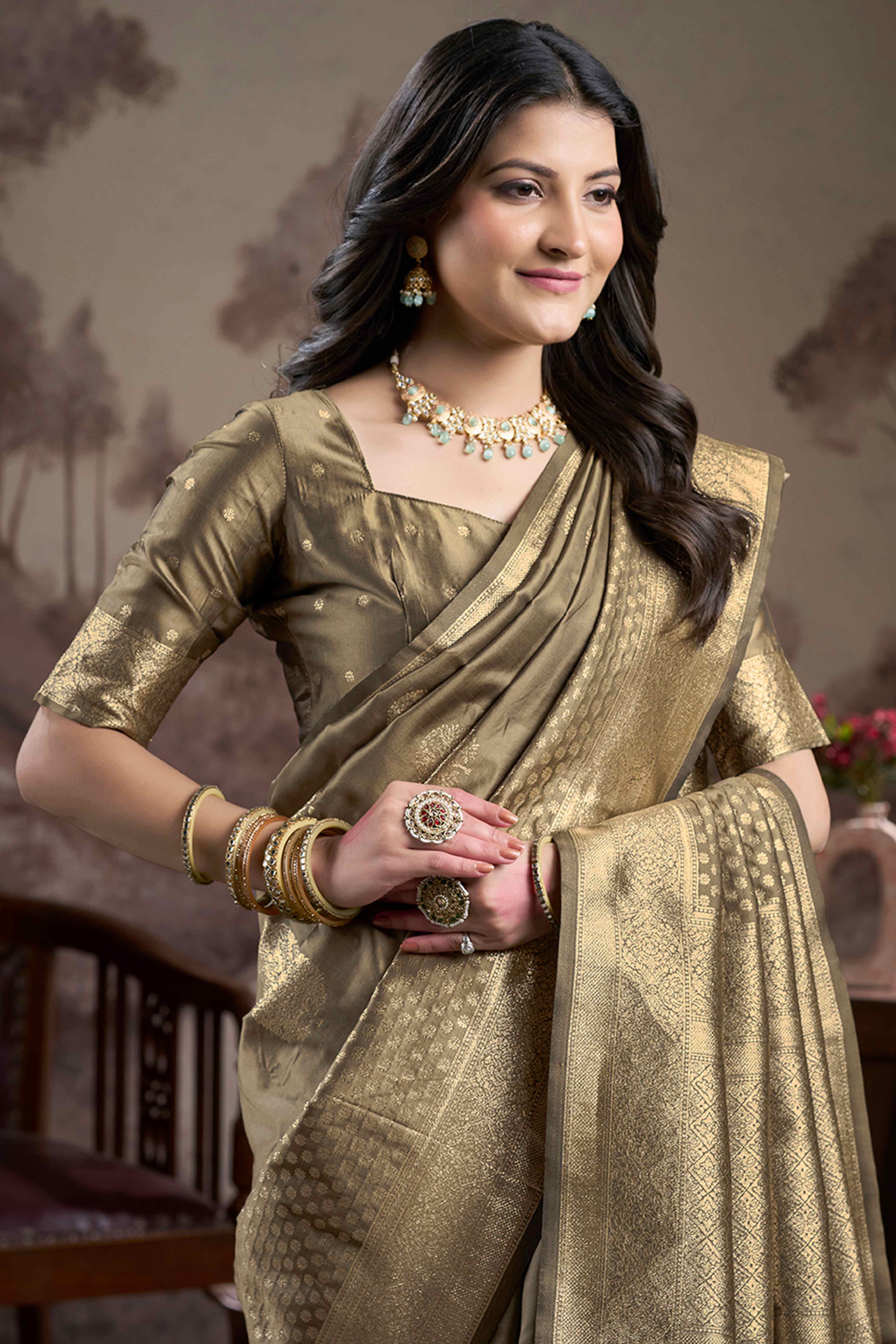 Chikoo Floral Woven Jacquard Silk Saree