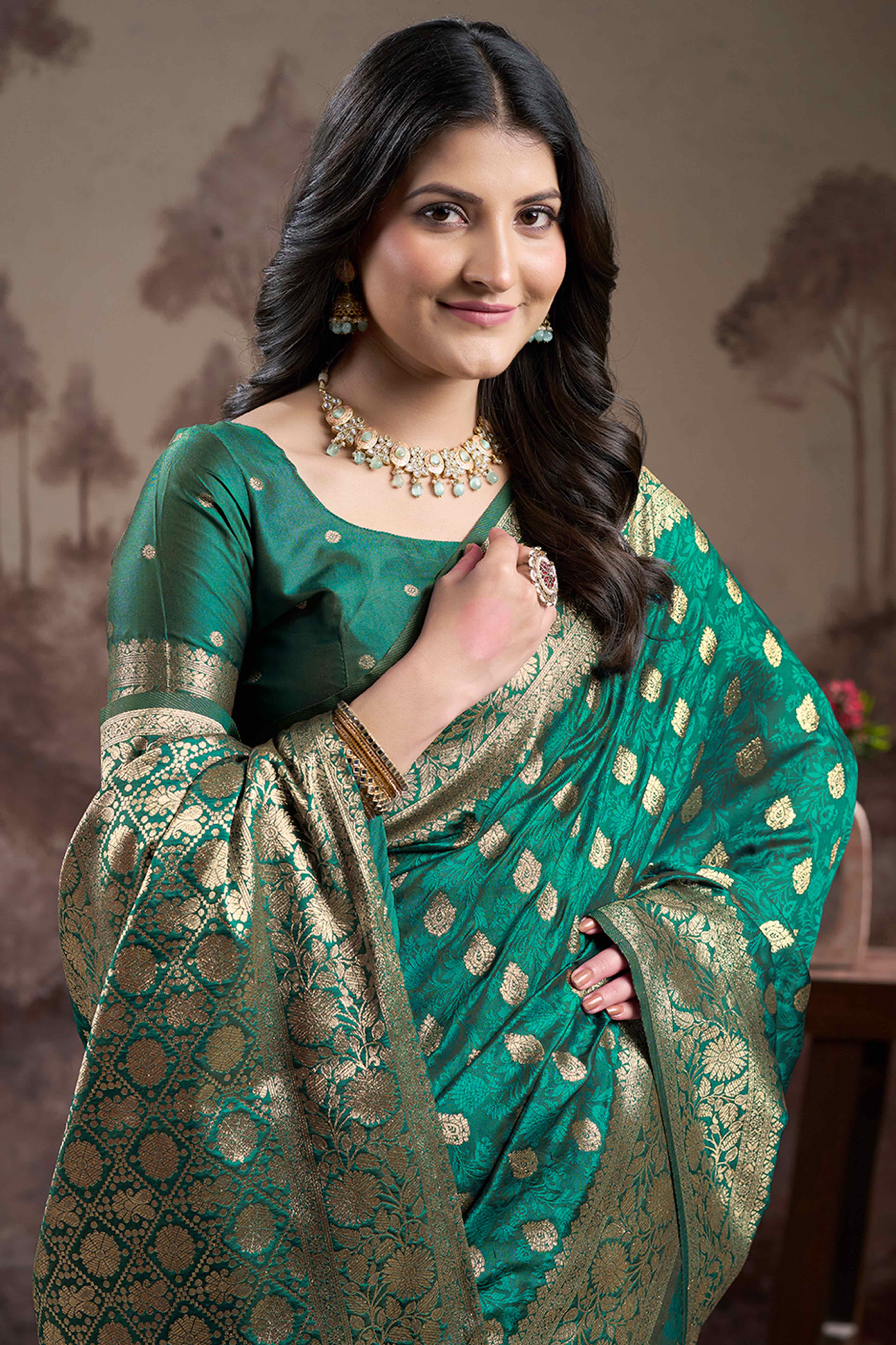 Rama Green Floral Woven Jacquard Silk Saree