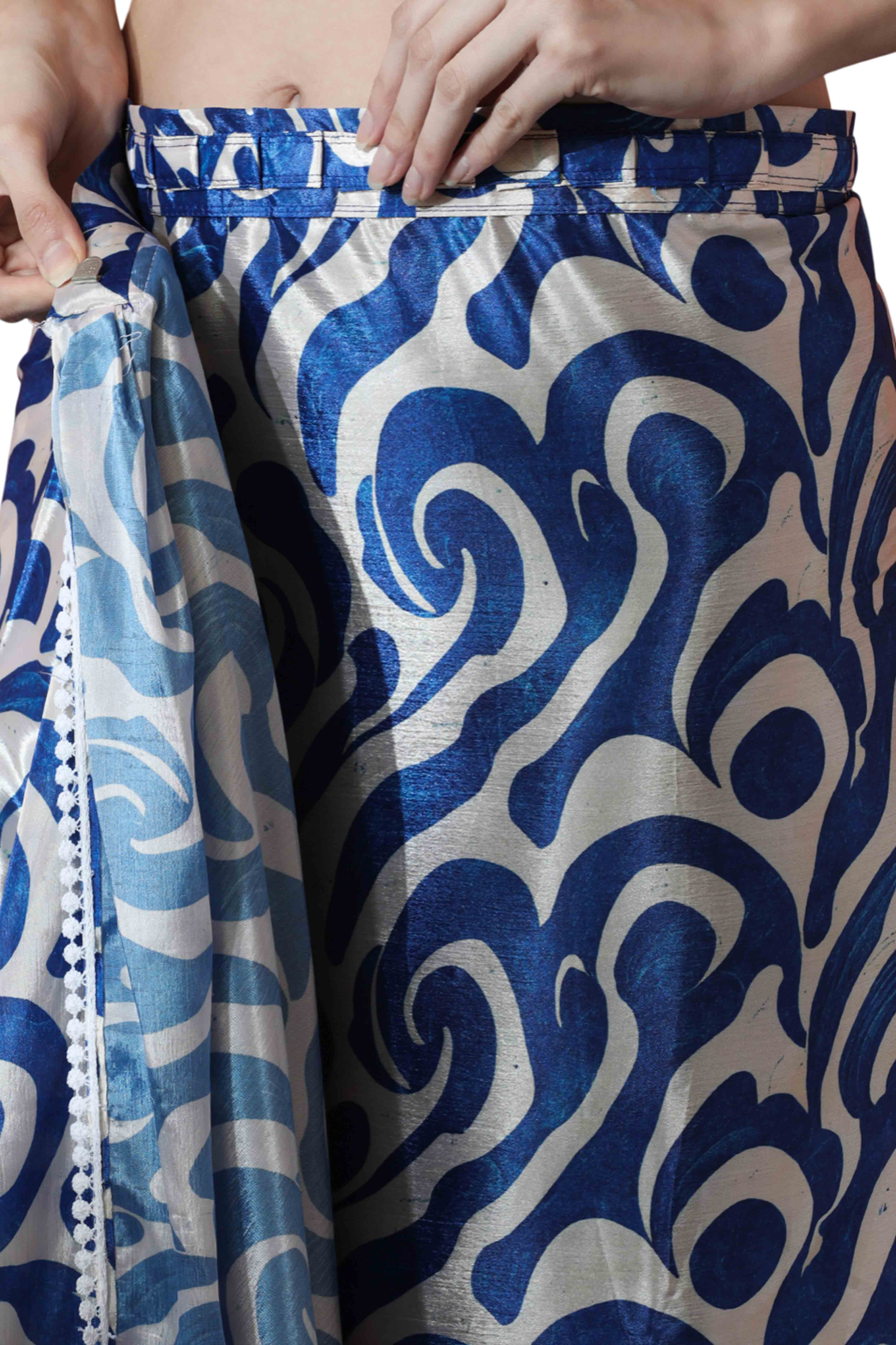 Blue Digital Printed With Lace Border Pallu Chinon Ready To Wear Saree