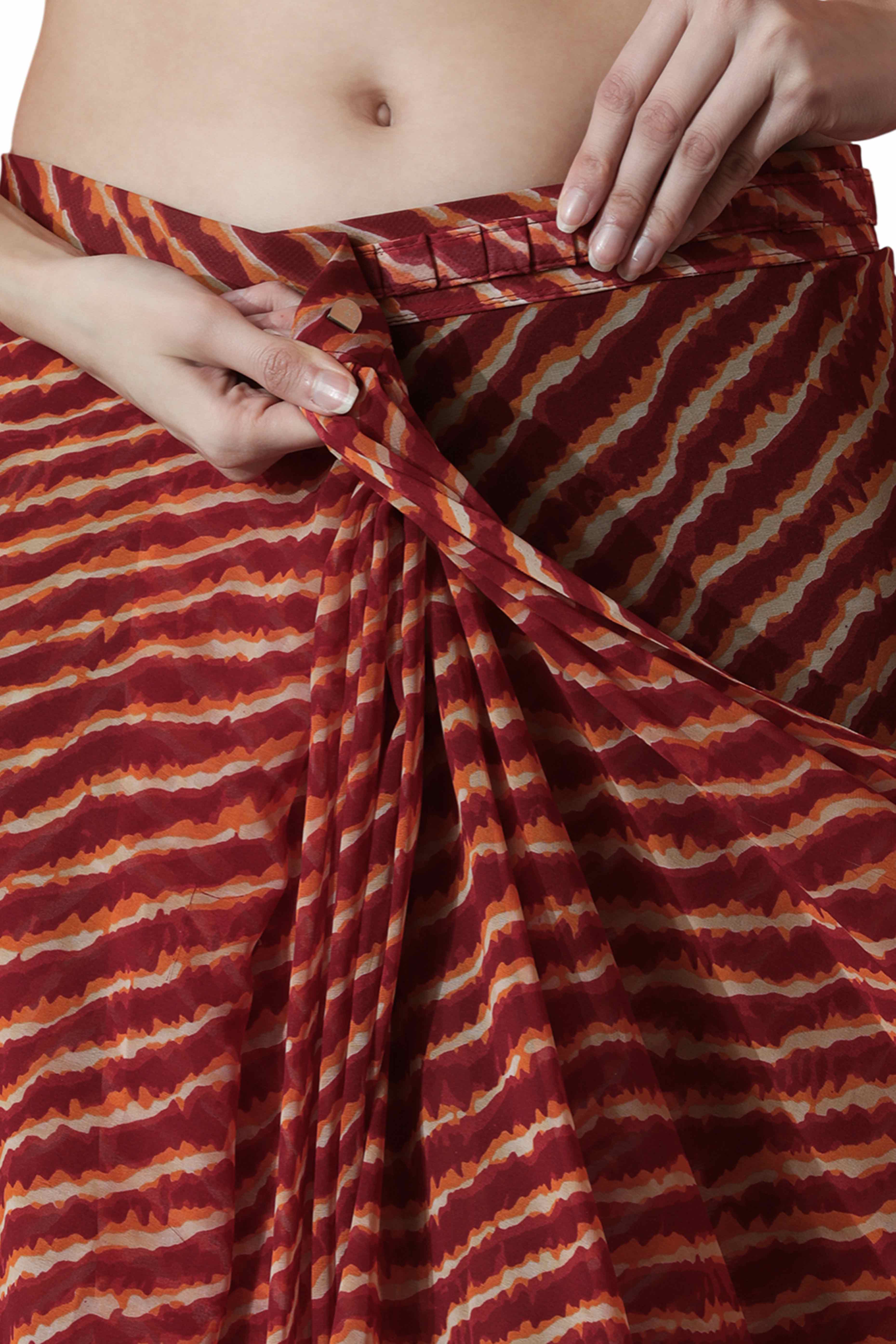 Maroon Leheriya Printed With Marbel Chiffon Ready To Wear Saree