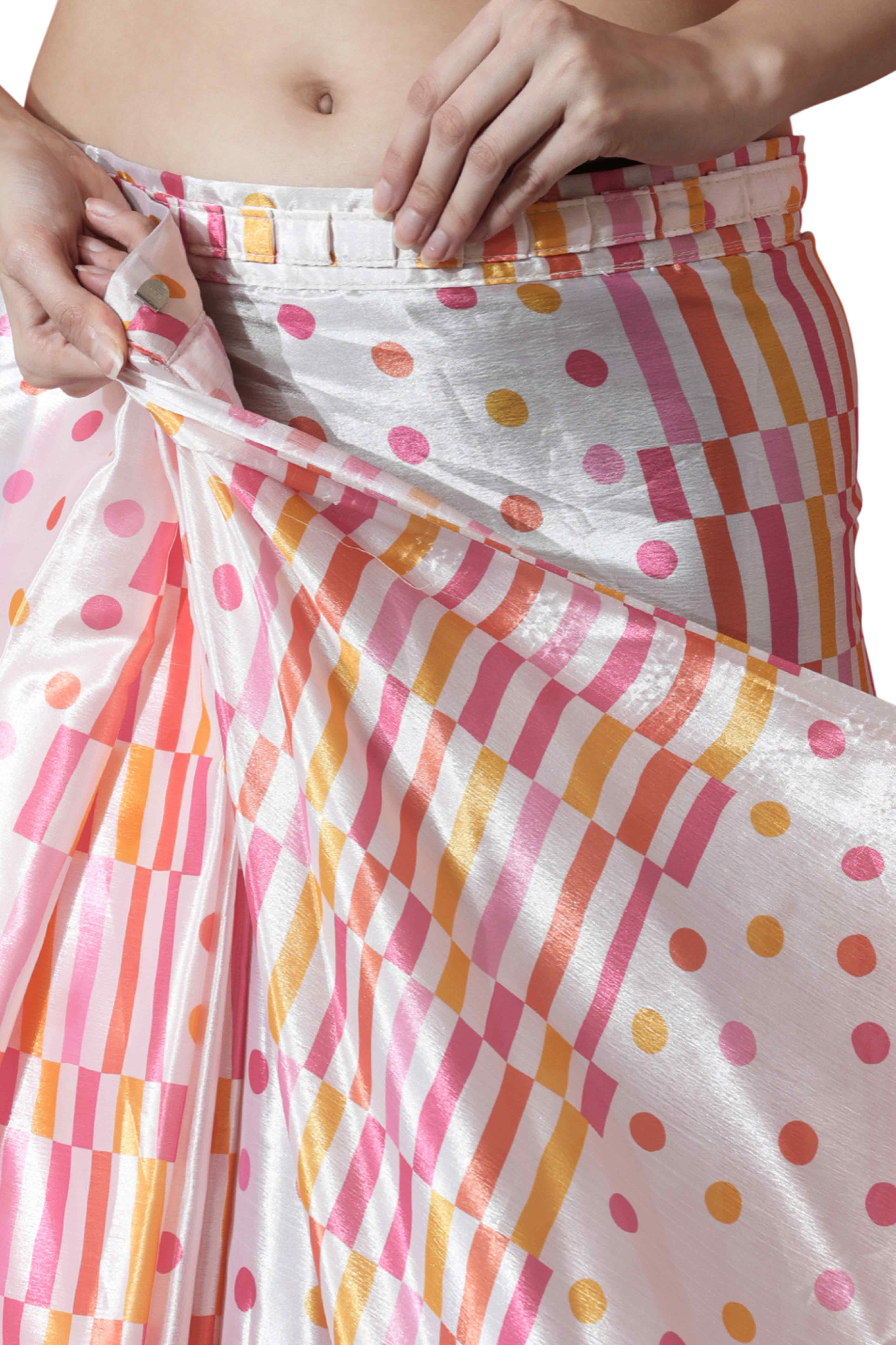 White Striped With Polka Dot Digital Printed With Lace Border Pallu Chinon Ready To Wear Saree