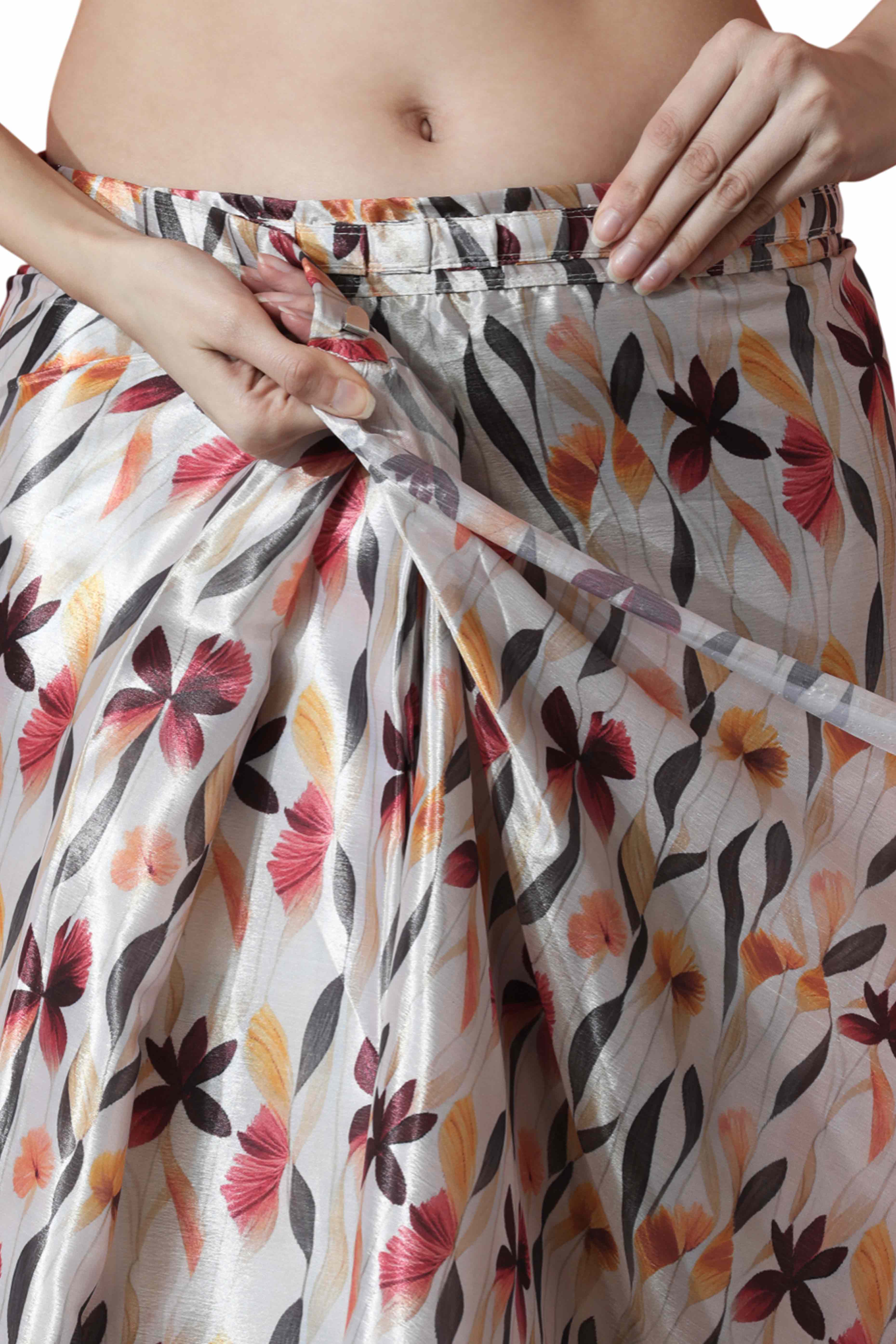 Beige Floral Digital Printed With Lace Border Pallu Chinon Ready To Wear Saree