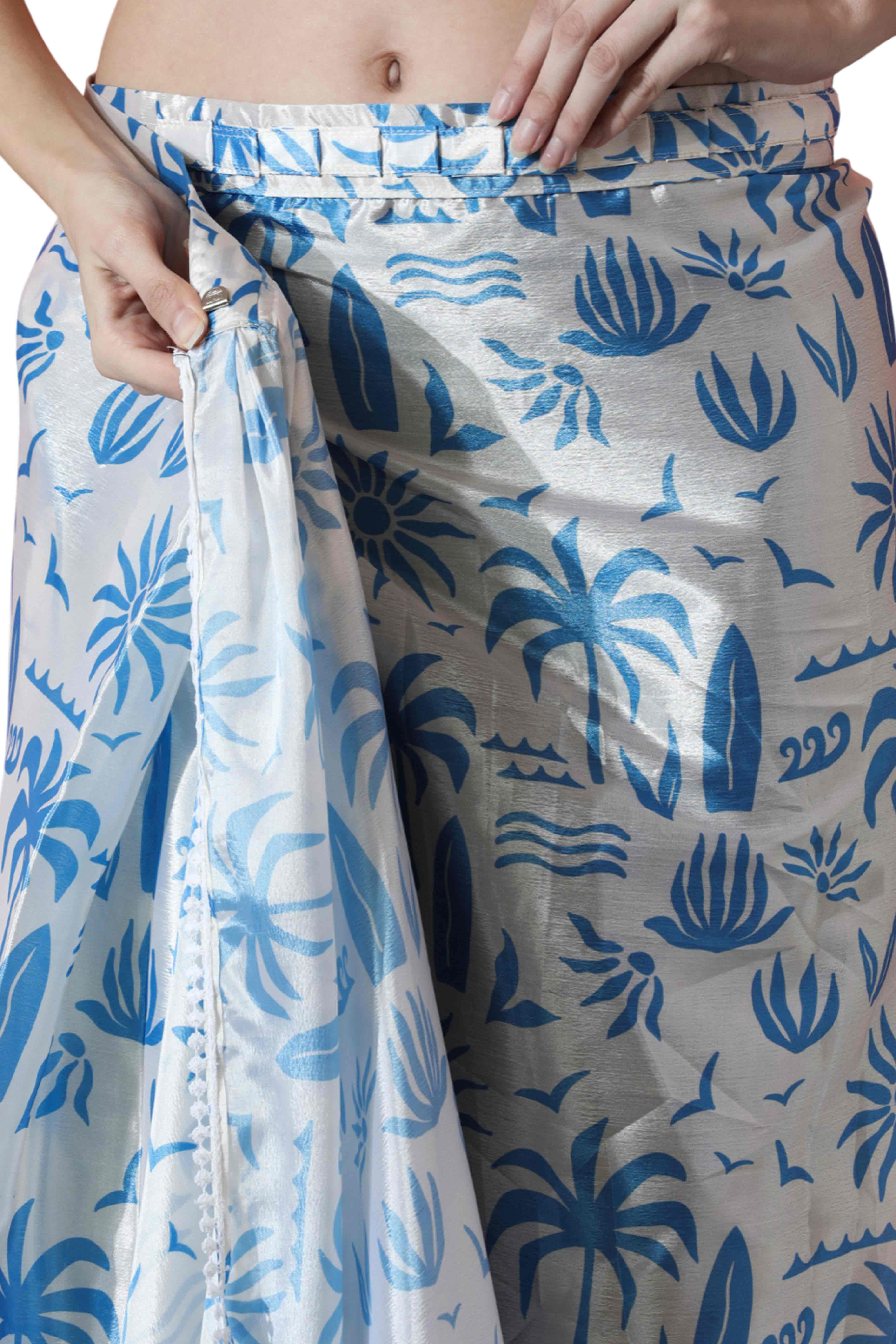 White & Blue Floral Digital Printed With Lace Border Pallu Chinon Ready To Wear Saree