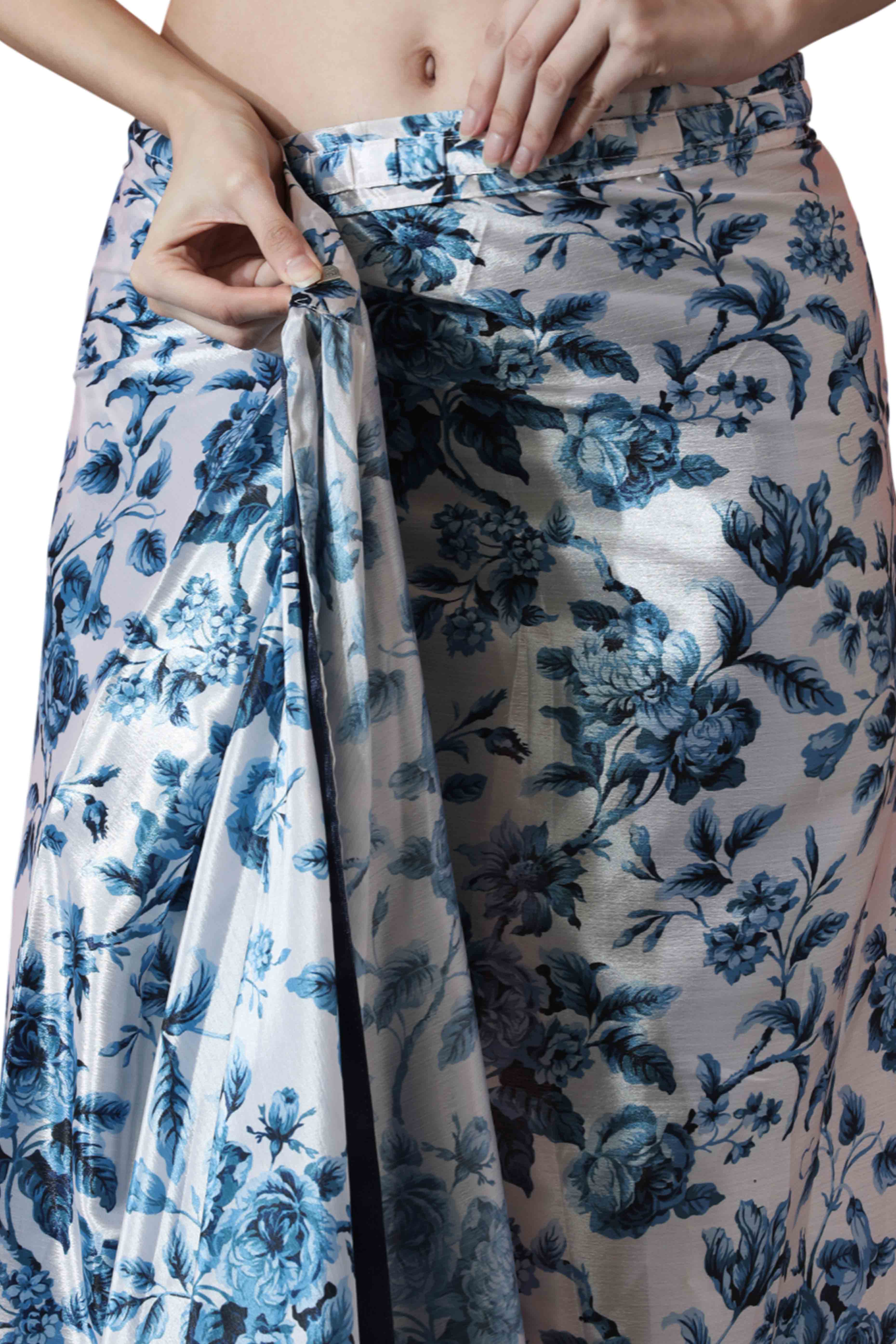White & Blue Floral Digital Printed With Lace Border Pallu Chinon Ready To Wear Saree