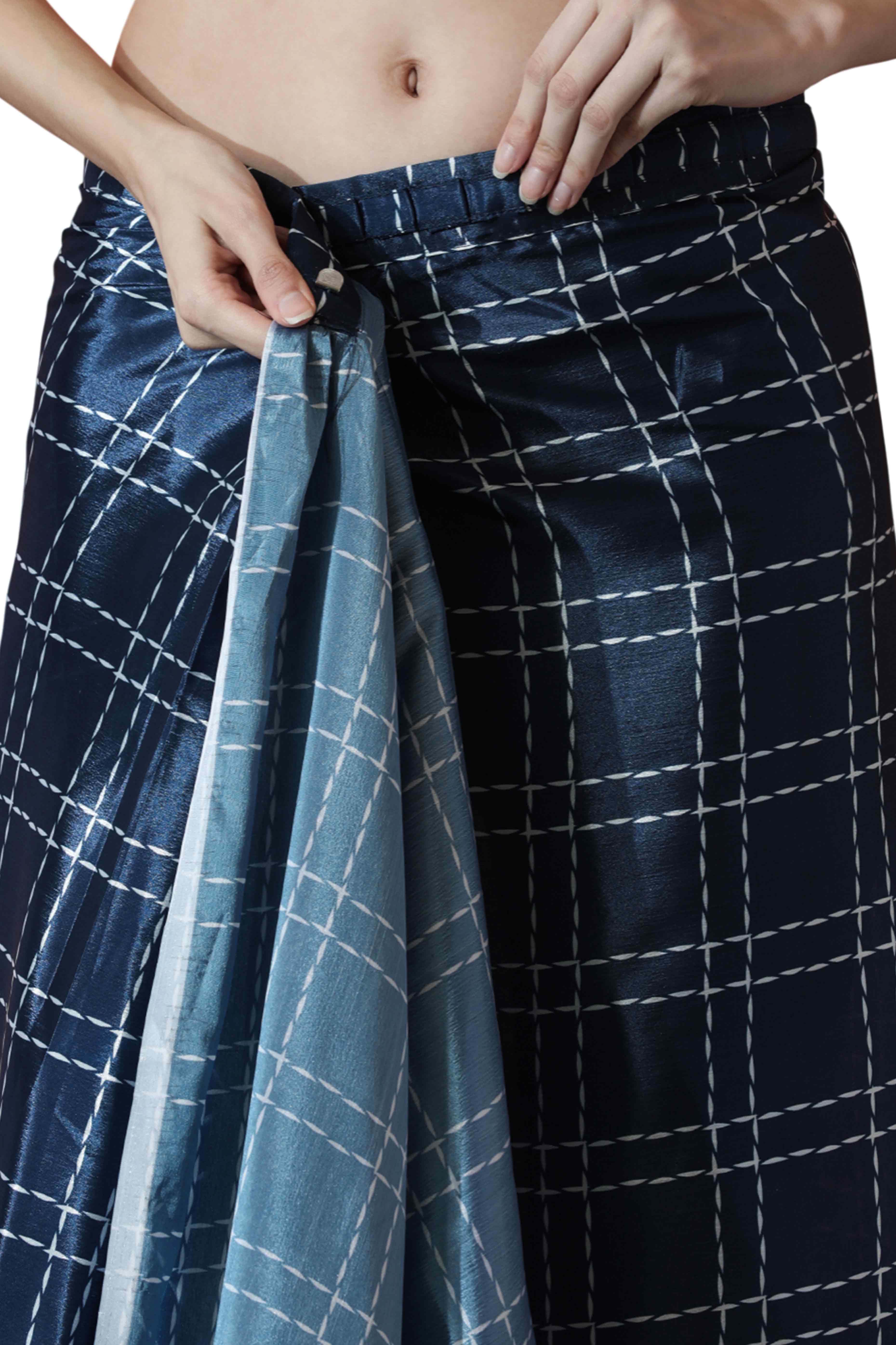 Navy Blue Digital Printed With Lace Border Pallu Chinon Ready To Wear Saree