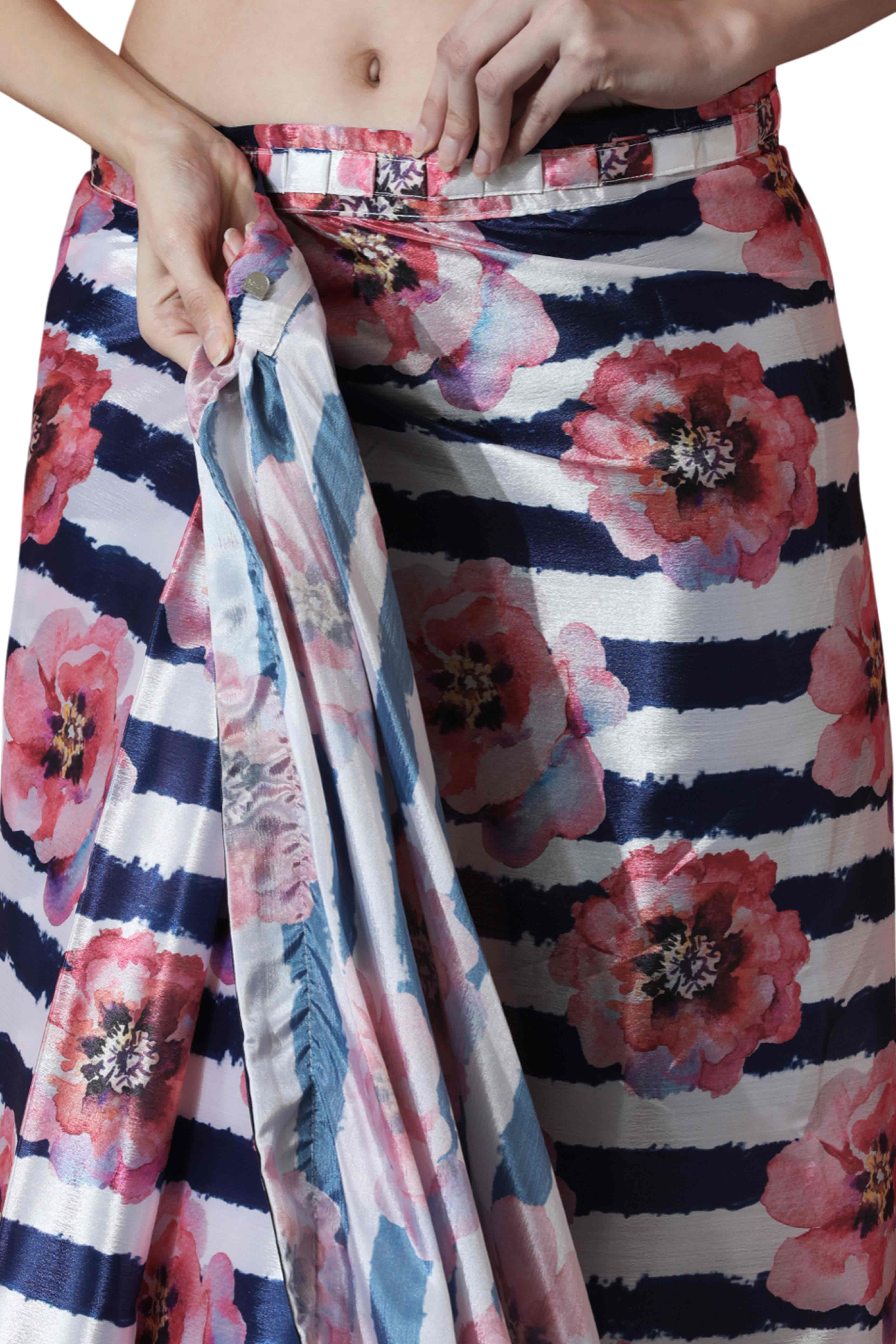 Multicolor Floral Digital Printed With Lace Border Pallu Chinon Ready To Wear Saree