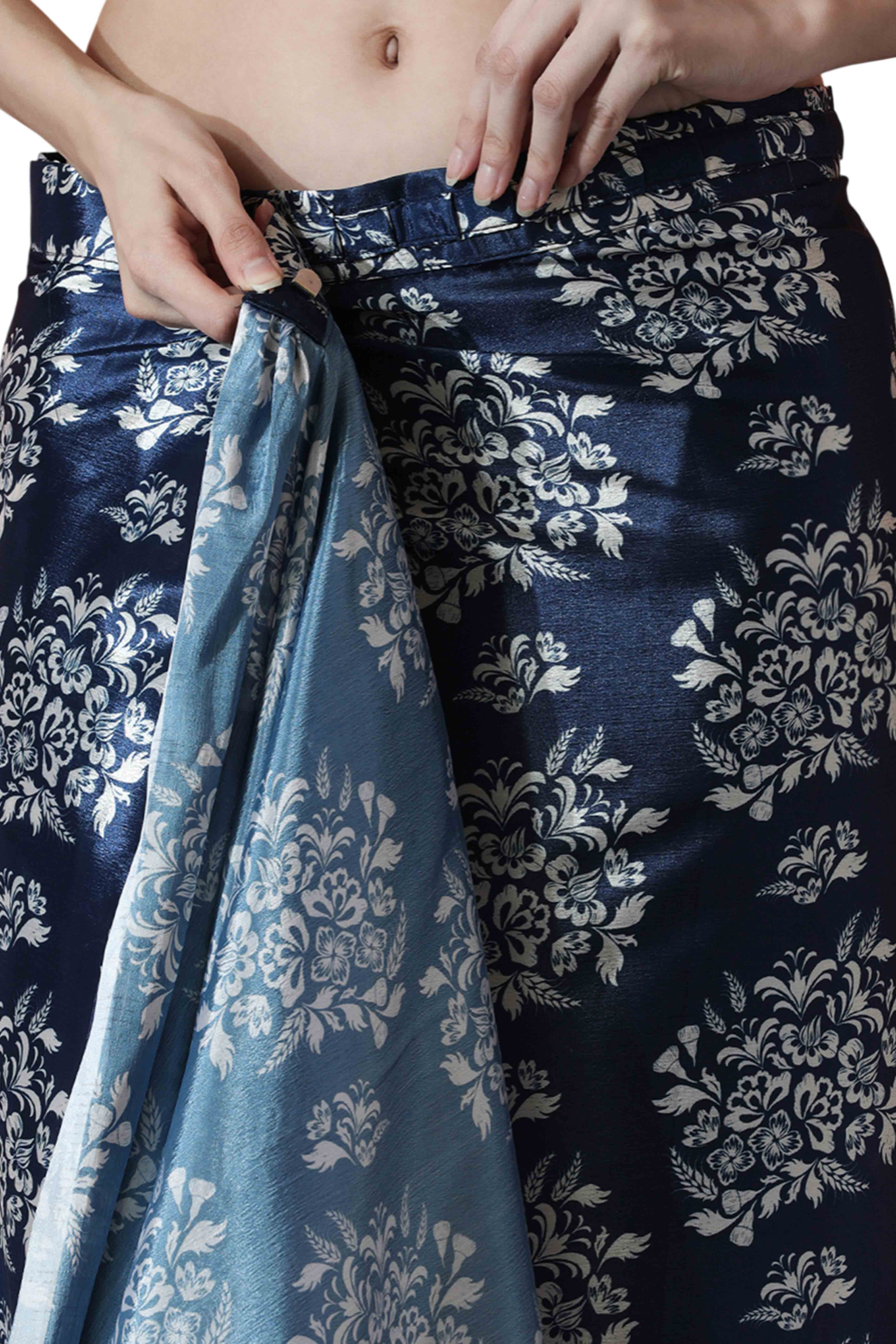 Navy Blue Floral Digital Printed With Lace Border Pallu Chinon Ready To Wear Saree