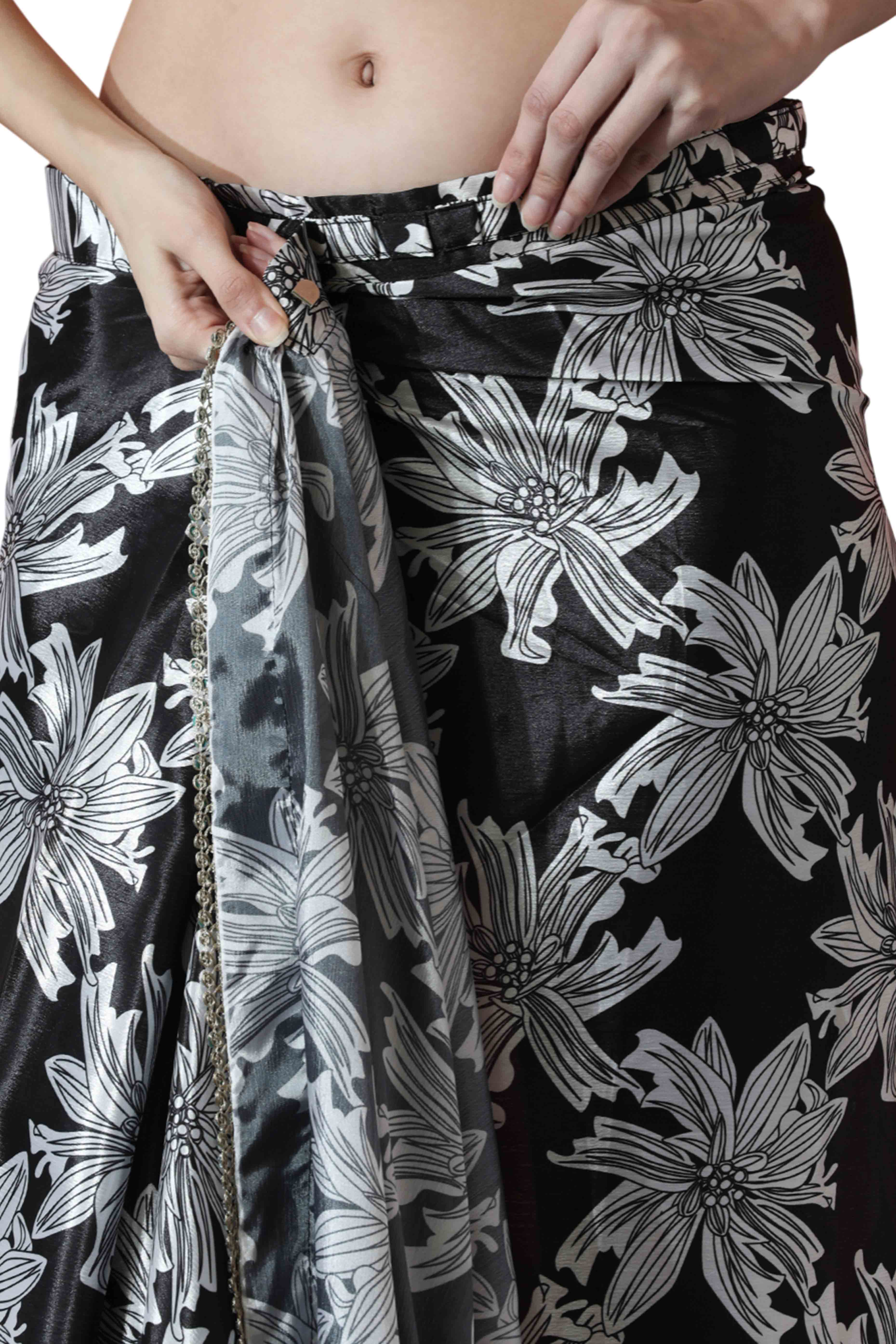 Black Floral Digital Printed With Lace Border Pallu Chinon Ready To Wear Saree