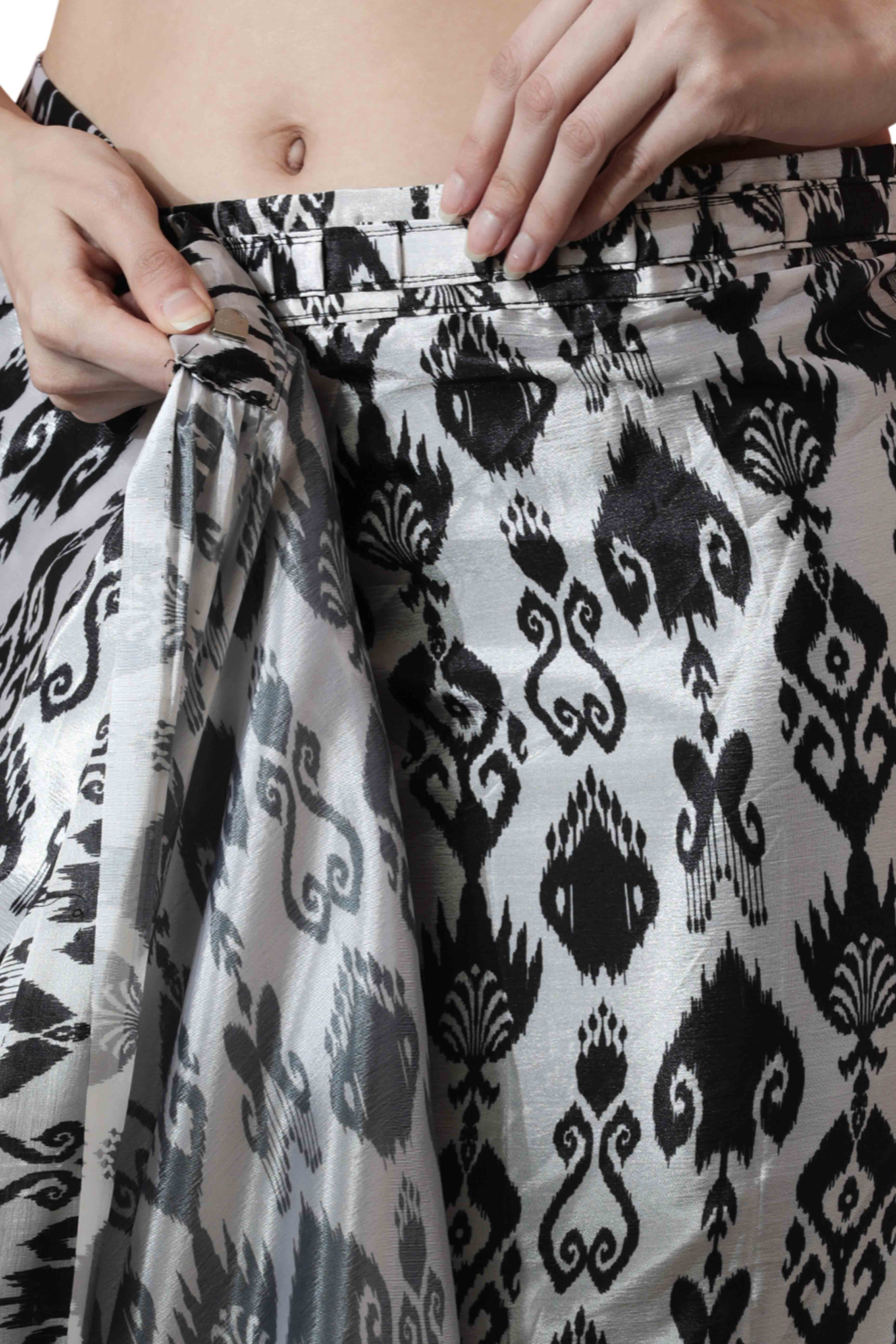 White & Black Digital Printed With Lace Border Pallu Chinon Ready To Wear Saree